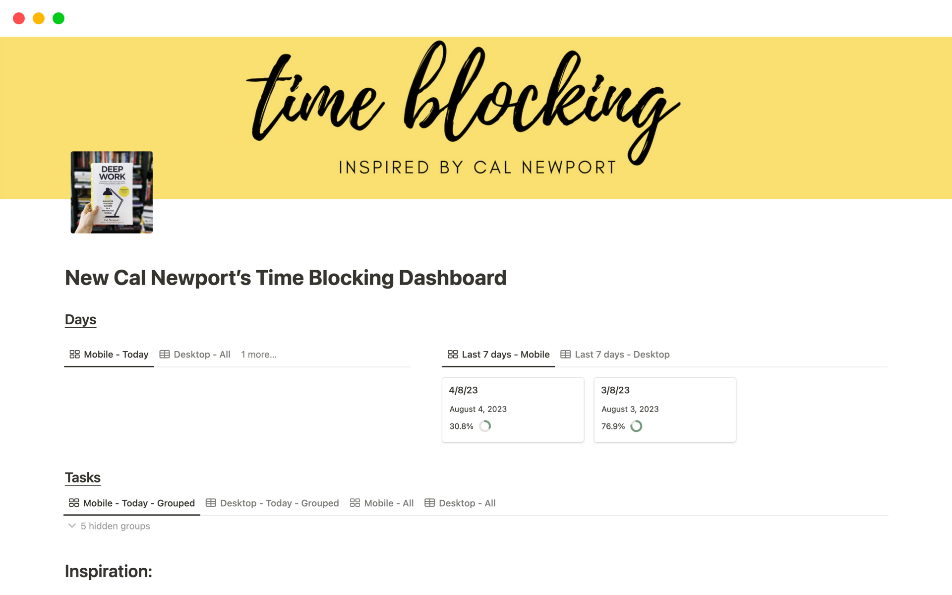 En forhåndsvisning av mal for New Cal Newport’s Time Blocking Dashboard