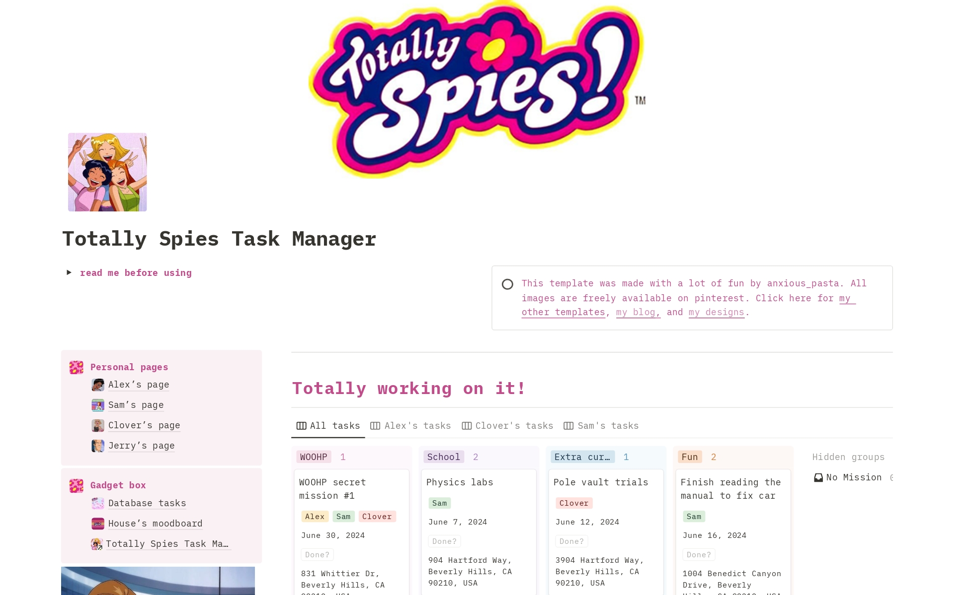 Totally Spies Task Manager Notion Template: stay on top of your tasks with the Totally Spies! Organise your life in missions, dates, and assignees. You'll never miss a deadline again!