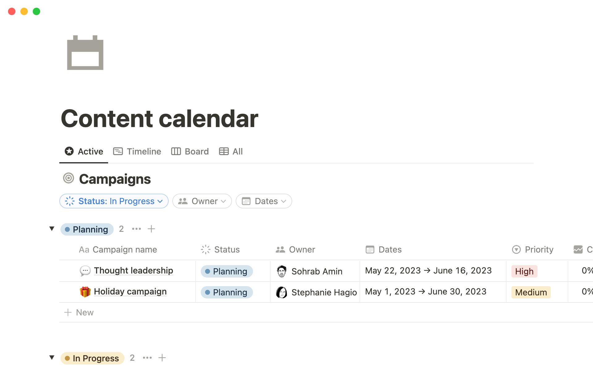 Mallin esikatselu nimelle Content calendar