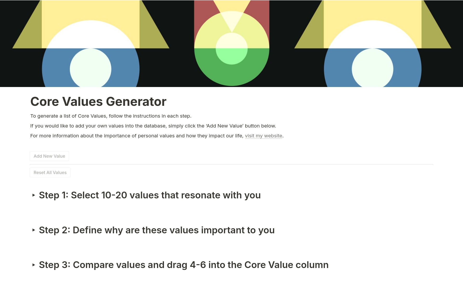 En forhåndsvisning av mal for Core Values Generator