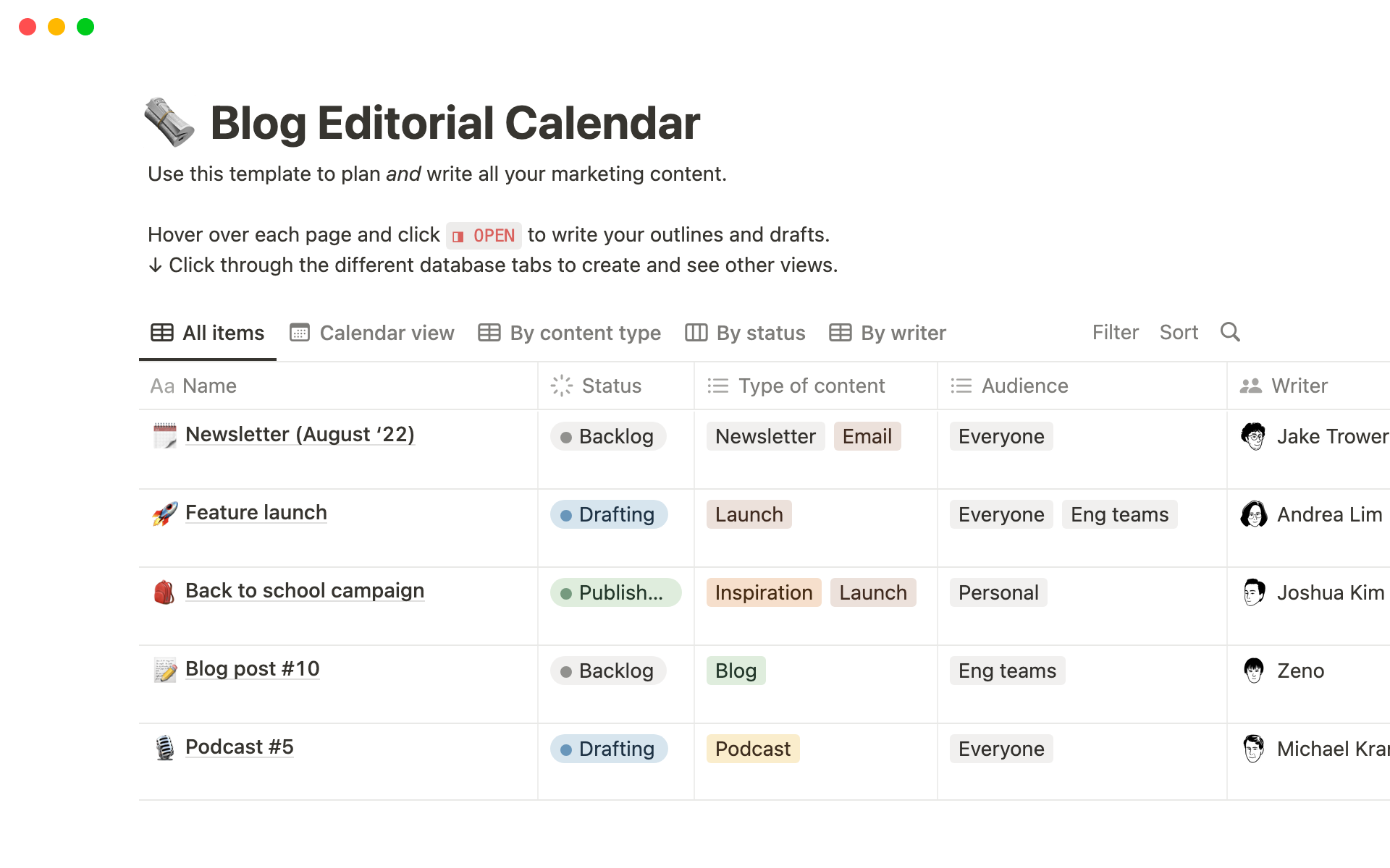 En forhåndsvisning av mal for Blog Editorial Calendar