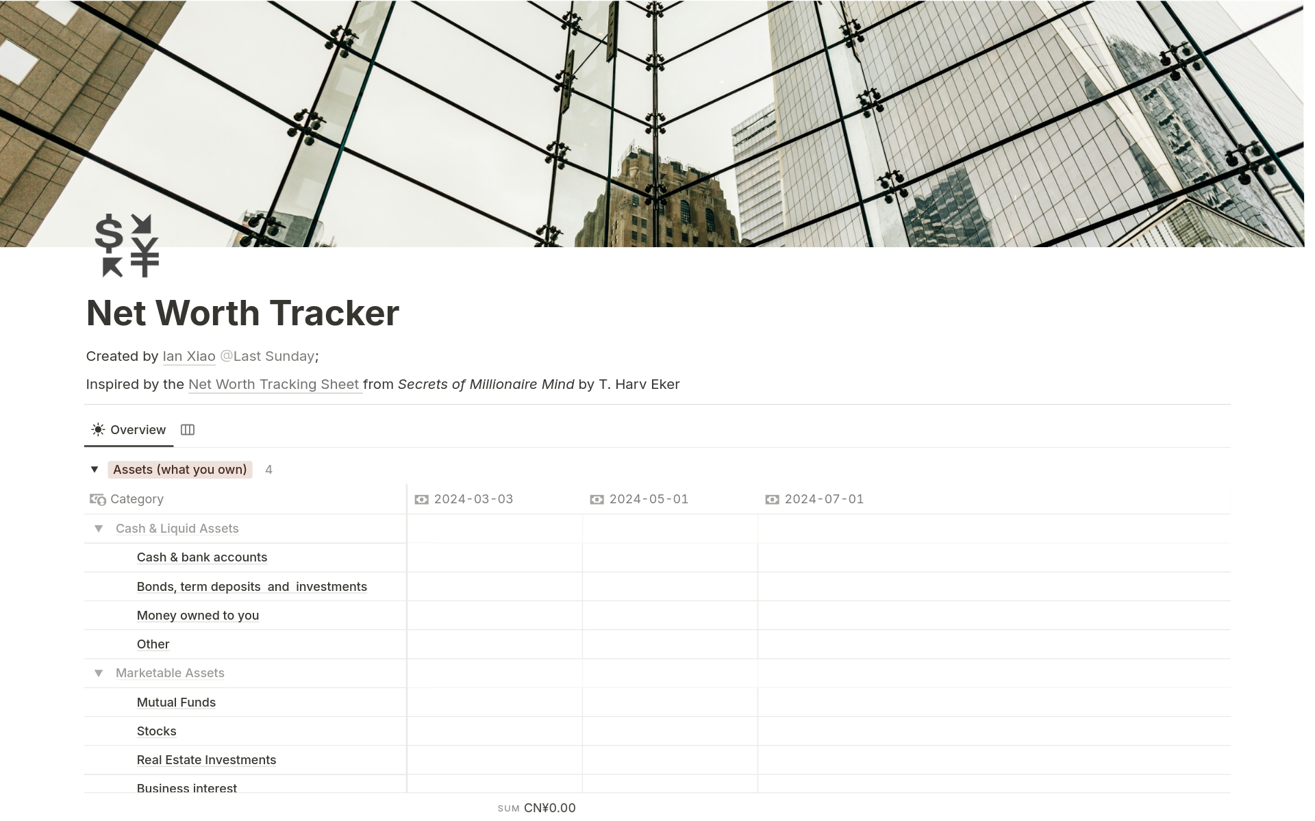 En forhåndsvisning av mal for Net Worth Tracker