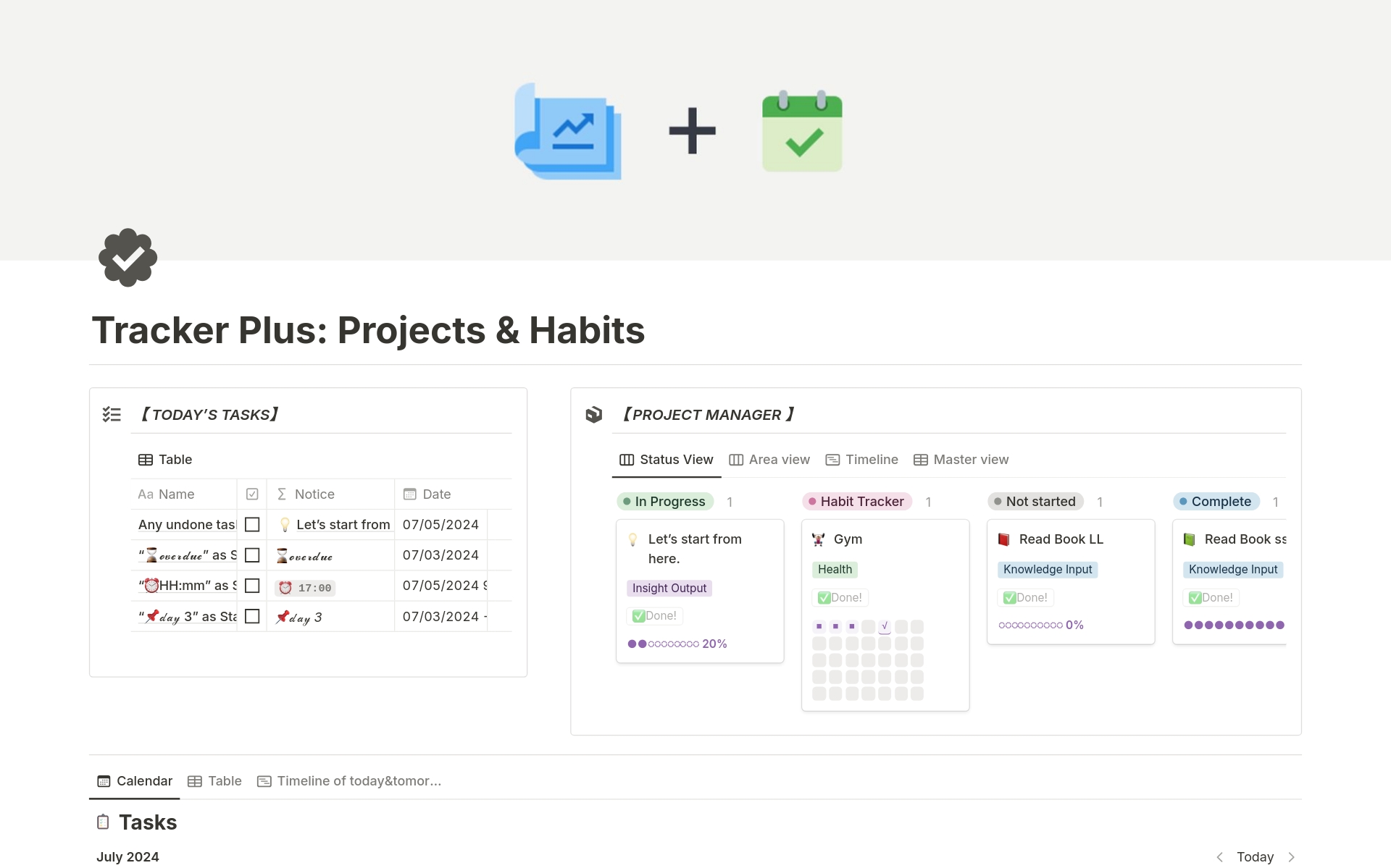 En forhåndsvisning av mal for Tracker Plus: Projects & Habits
