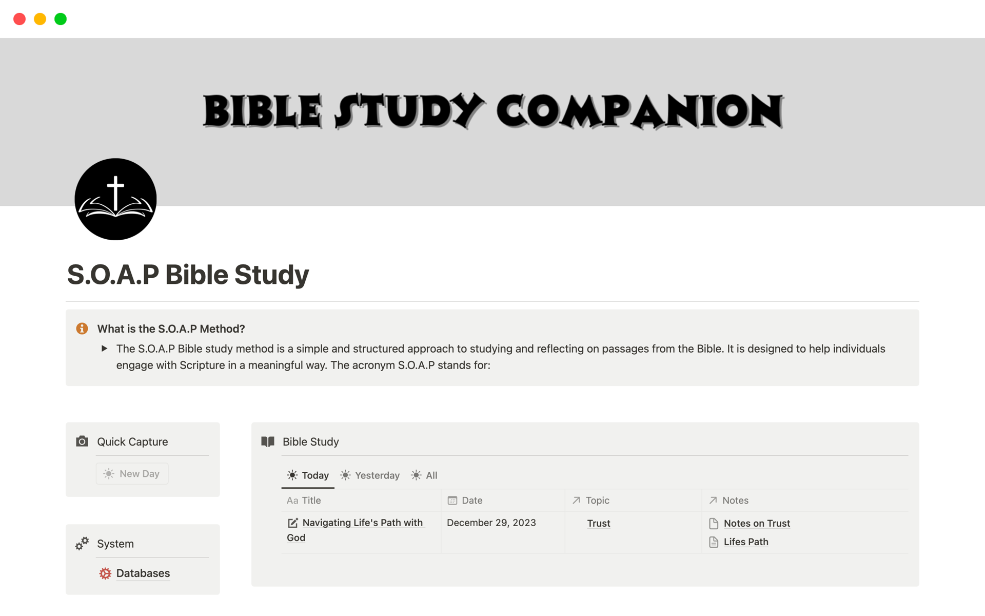 "The Bible Study Companion" is a digital tool designed to enhance your Bible study experience, featuring an intuitive all-in-one dashboard and the structured S.O.A.P method for in-depth scripture analysis.