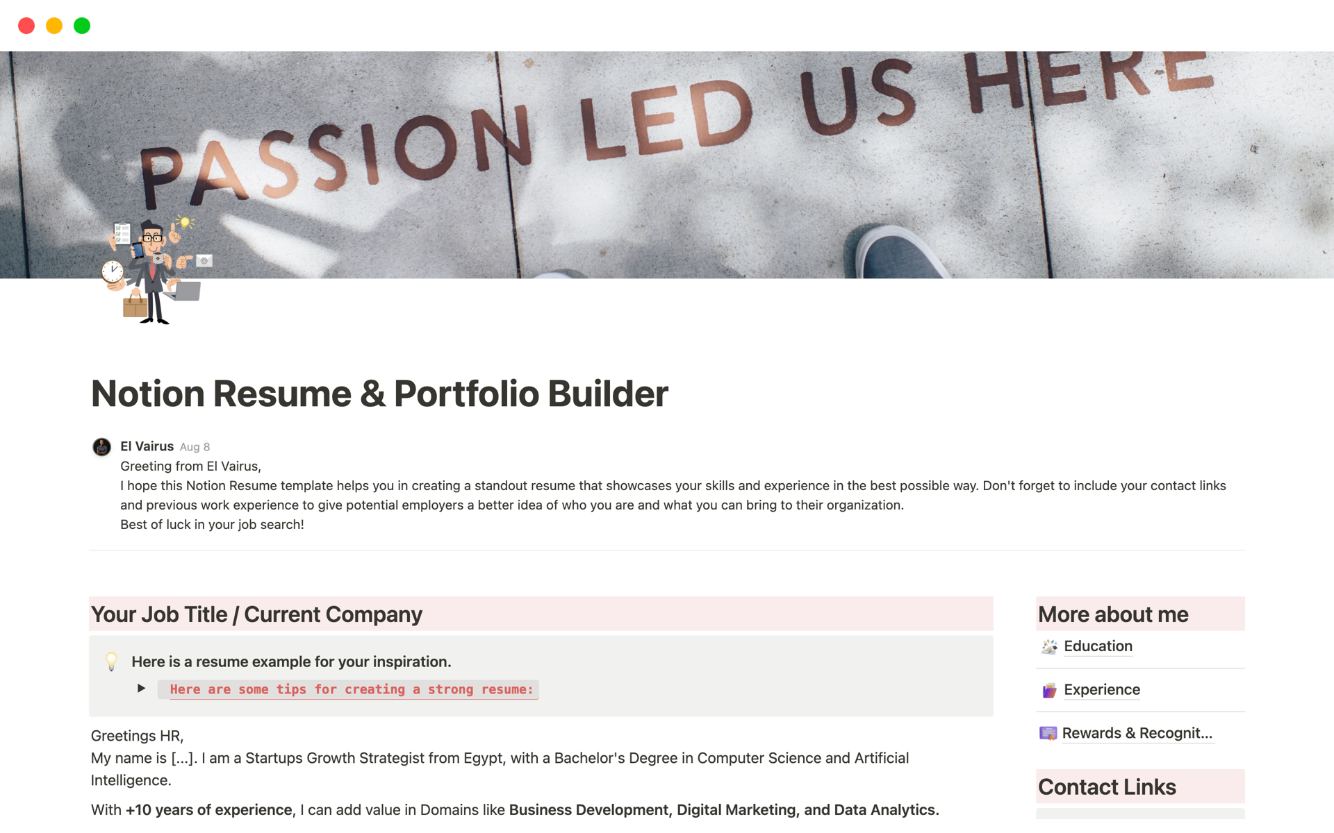En forhåndsvisning av mal for Notion Resume & Portfolio Builder