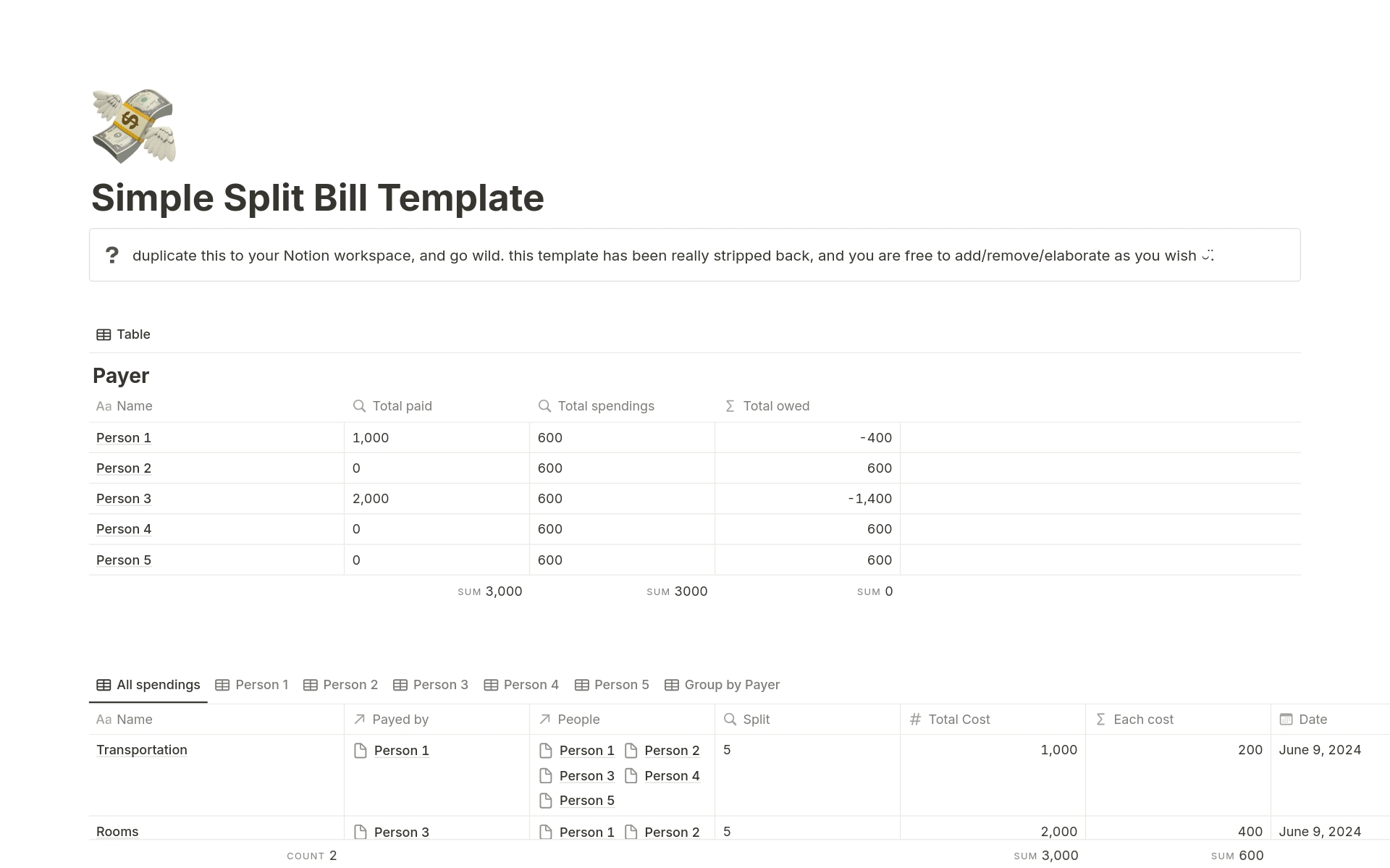 Uma prévia do modelo para Simple Split Bill Finance Tracker