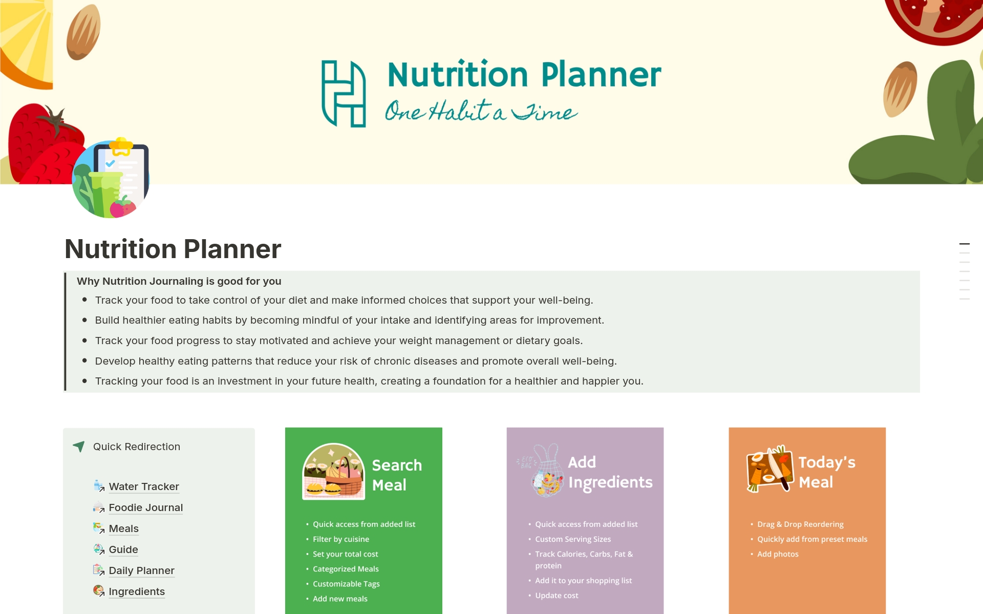This is designed to help you stay on top of your health and nutrition goals. With exciting features like a water tracker, foodie journal, meals log, shopping list, nutrition guide, daily planner, ingredient management and fasting log- this template ensures you are fit and fine.