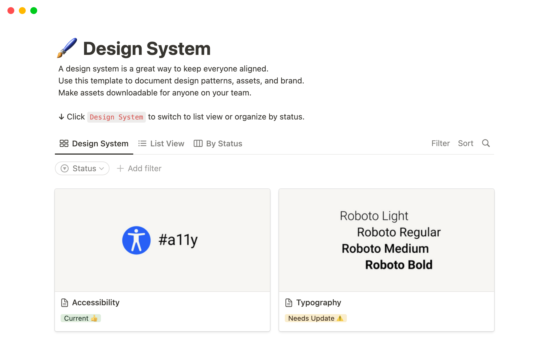 En forhåndsvisning av mal for Design System