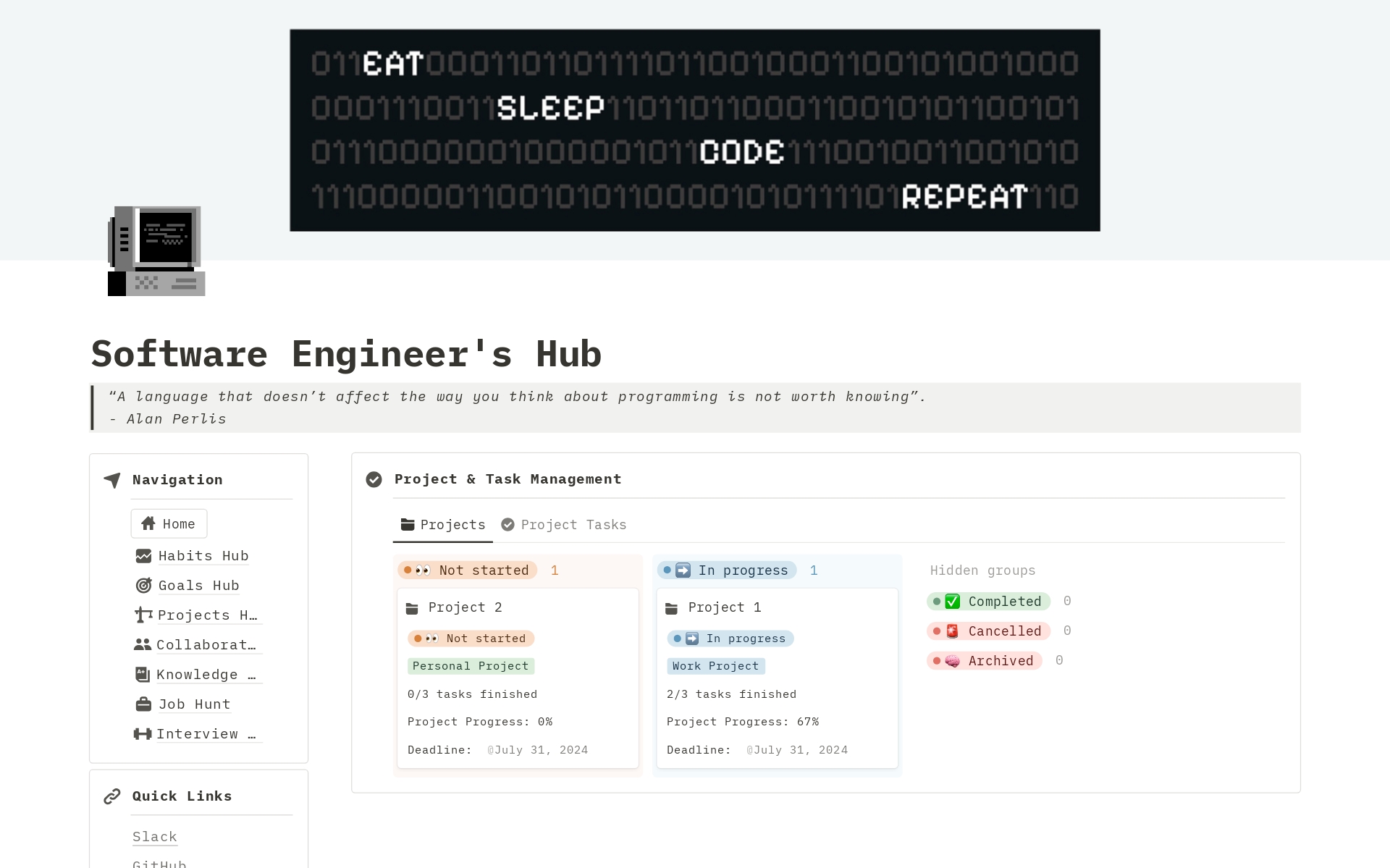 A template preview for Software Engineer's Hub