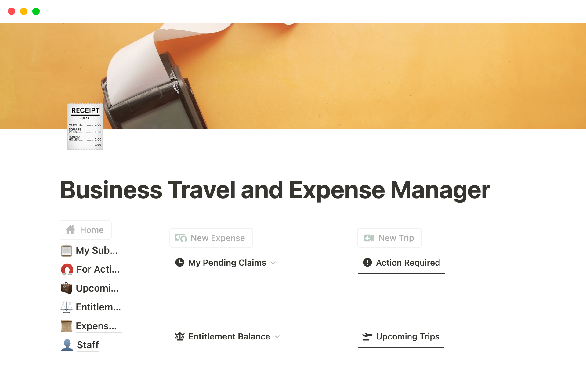 Vista previa de una plantilla para Business Travel and Expense Manager