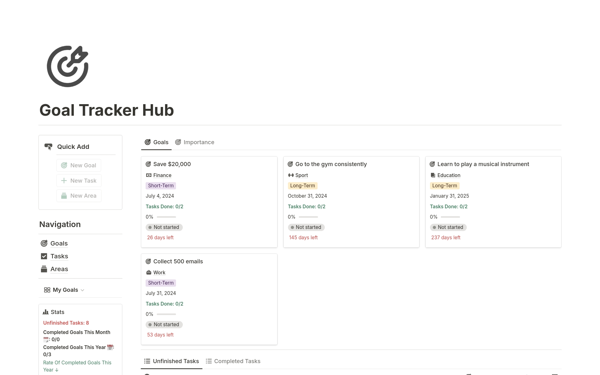 Vista previa de una plantilla para Goal Tracker Hub