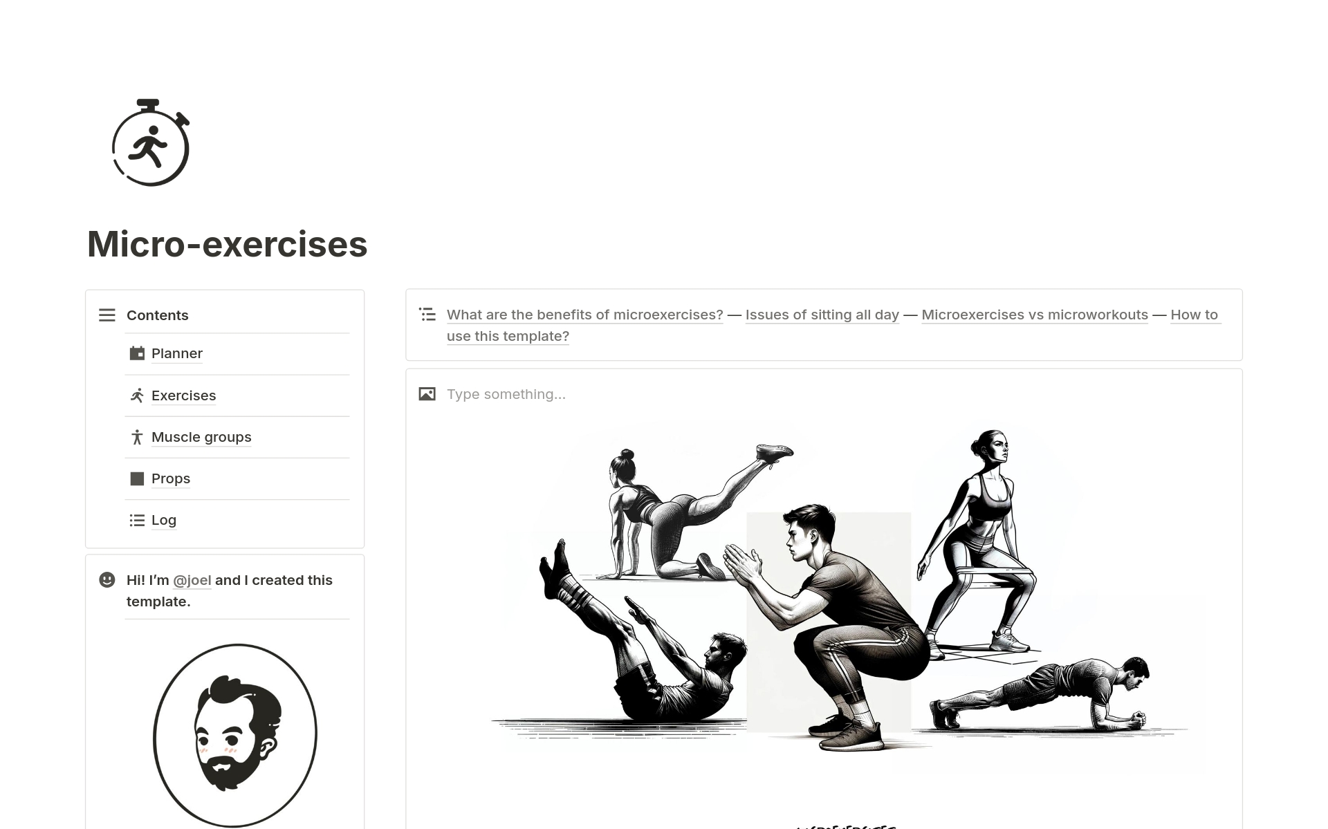 Fix your sedentary routine now with the Full Micro-exercises Notion Template. This is the full version that includes 40+ exercises, 15 routines, props and muscle groups library.