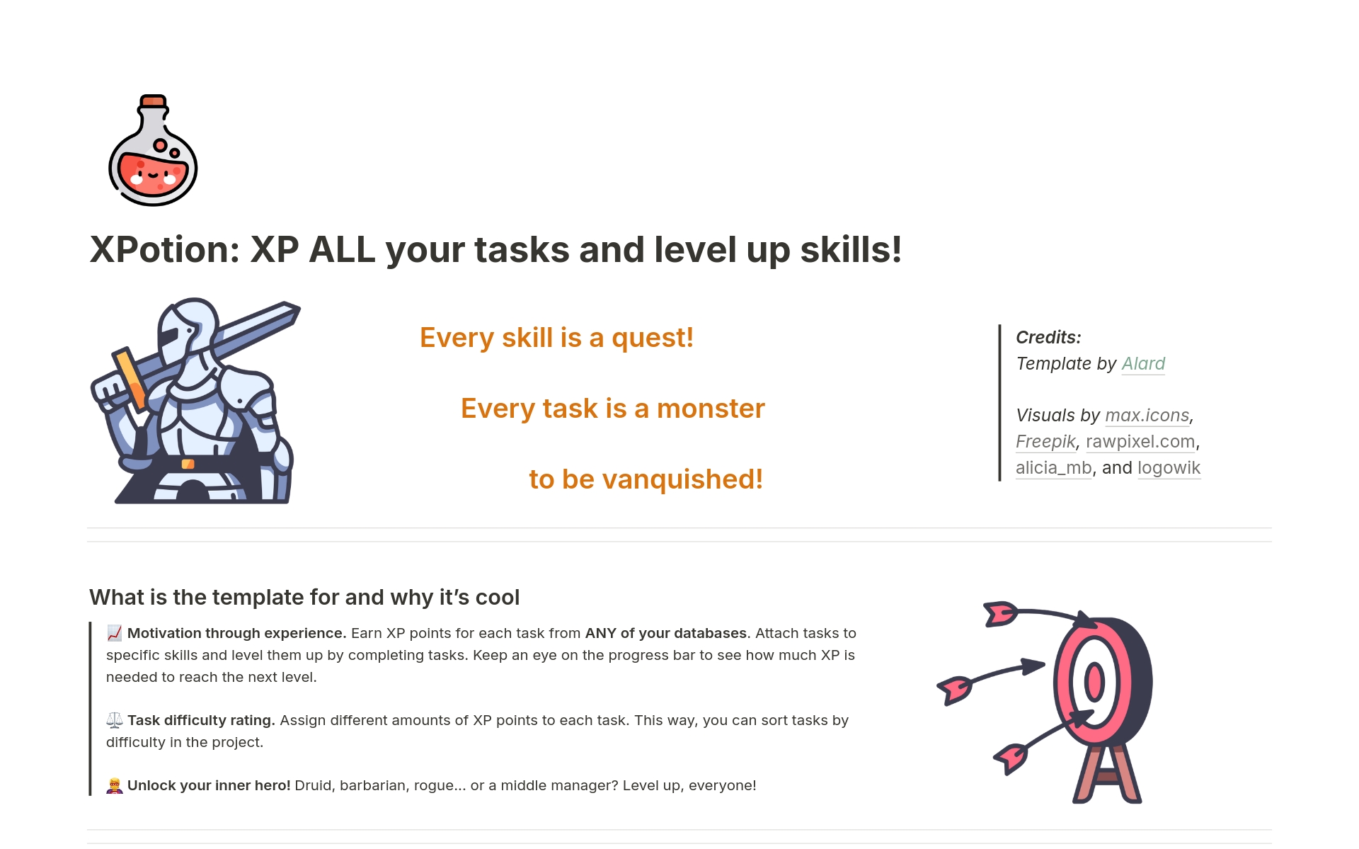 Vista previa de una plantilla para XPotion: XP ALL your tasks and level up skills