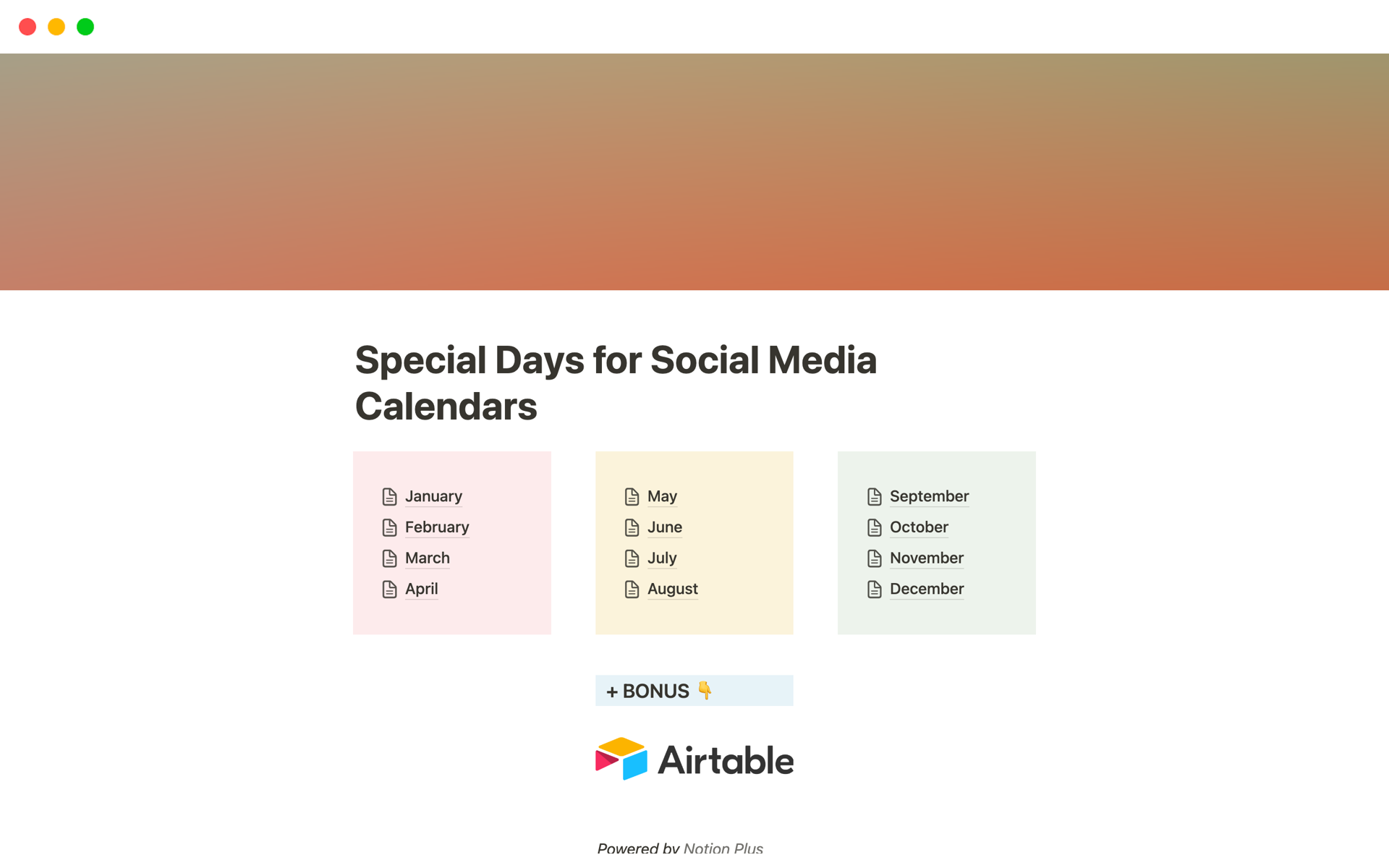 Mallin esikatselu nimelle Special Days for Social Media Calendars