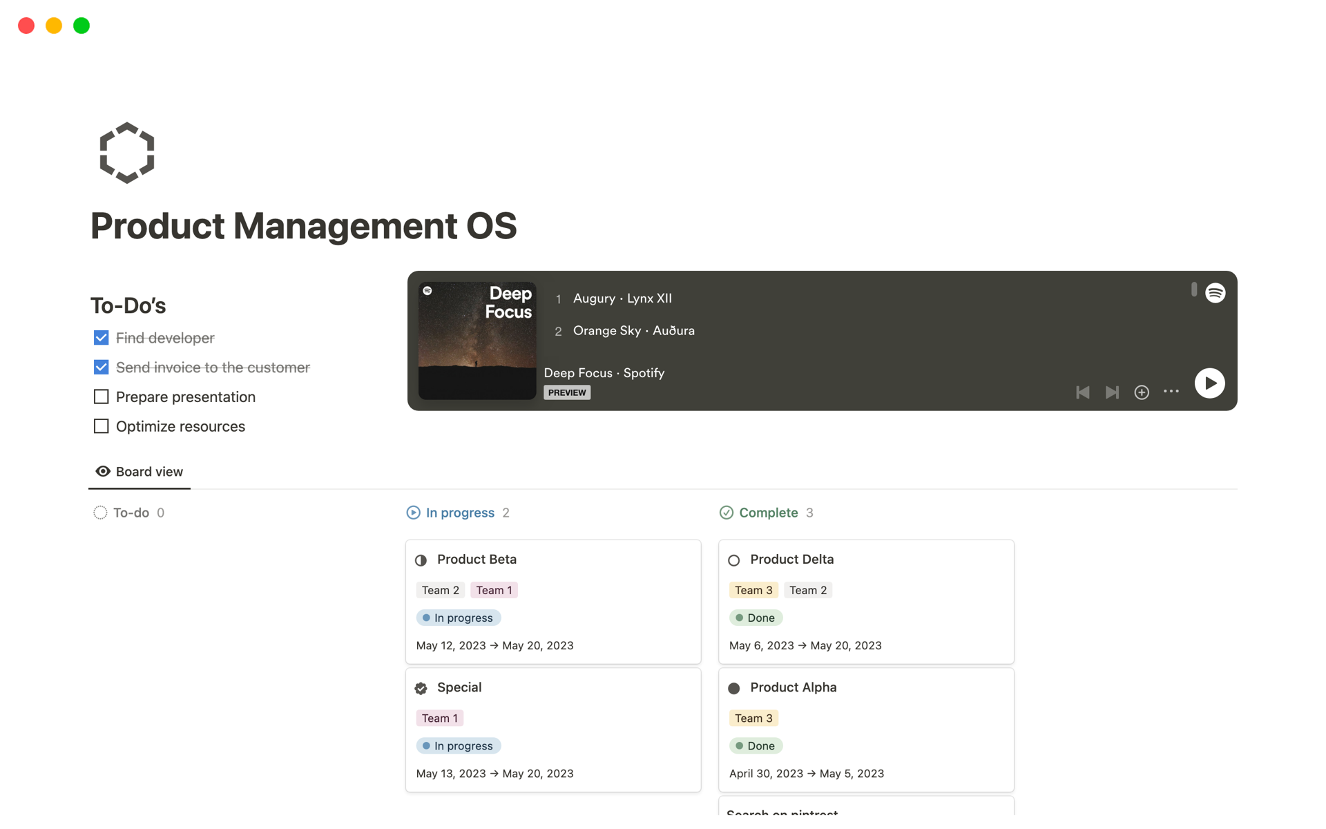 En forhåndsvisning av mal for Product Management OS