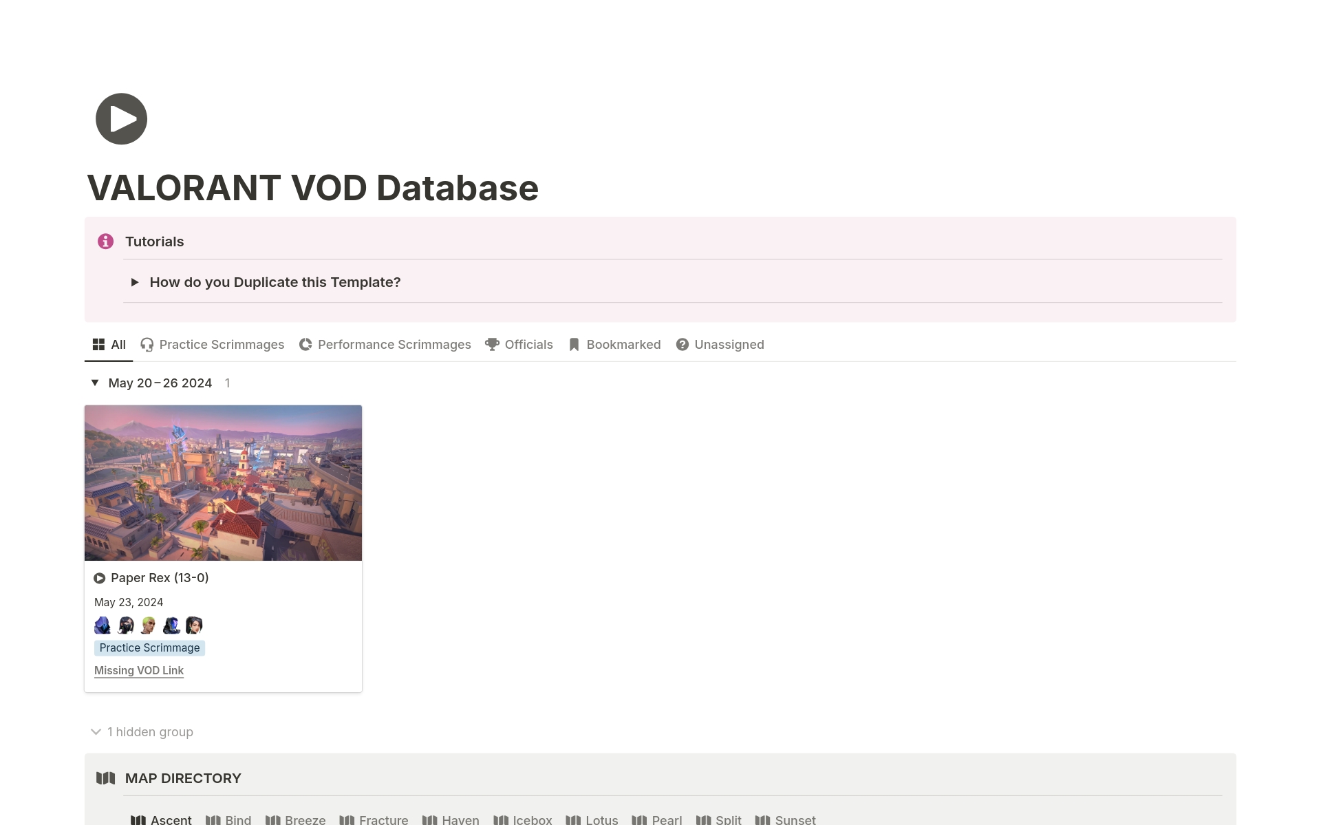 Vista previa de una plantilla para VALORANT VODs Database