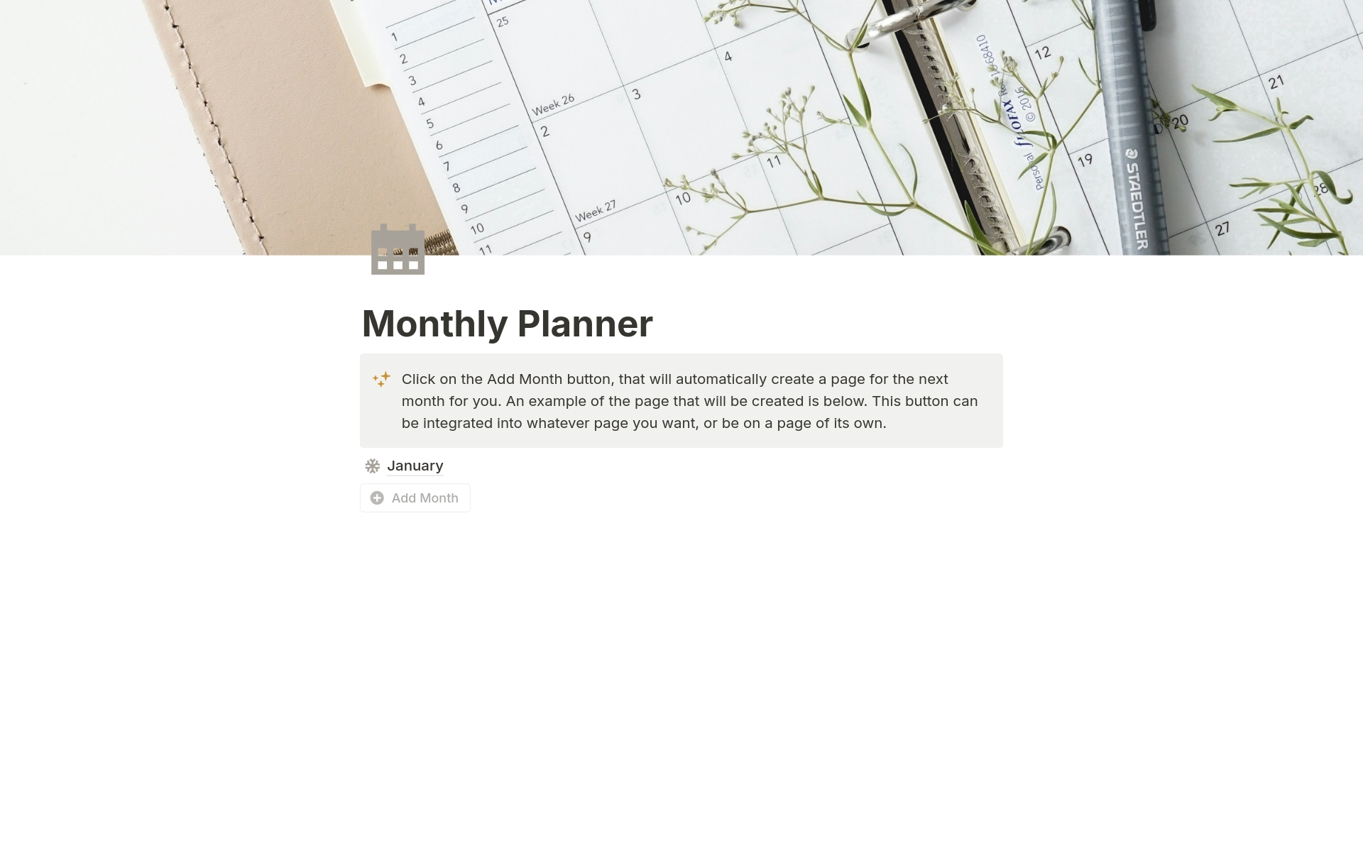 Monthly planner template with fully working automated buttons to make planning your days easier.