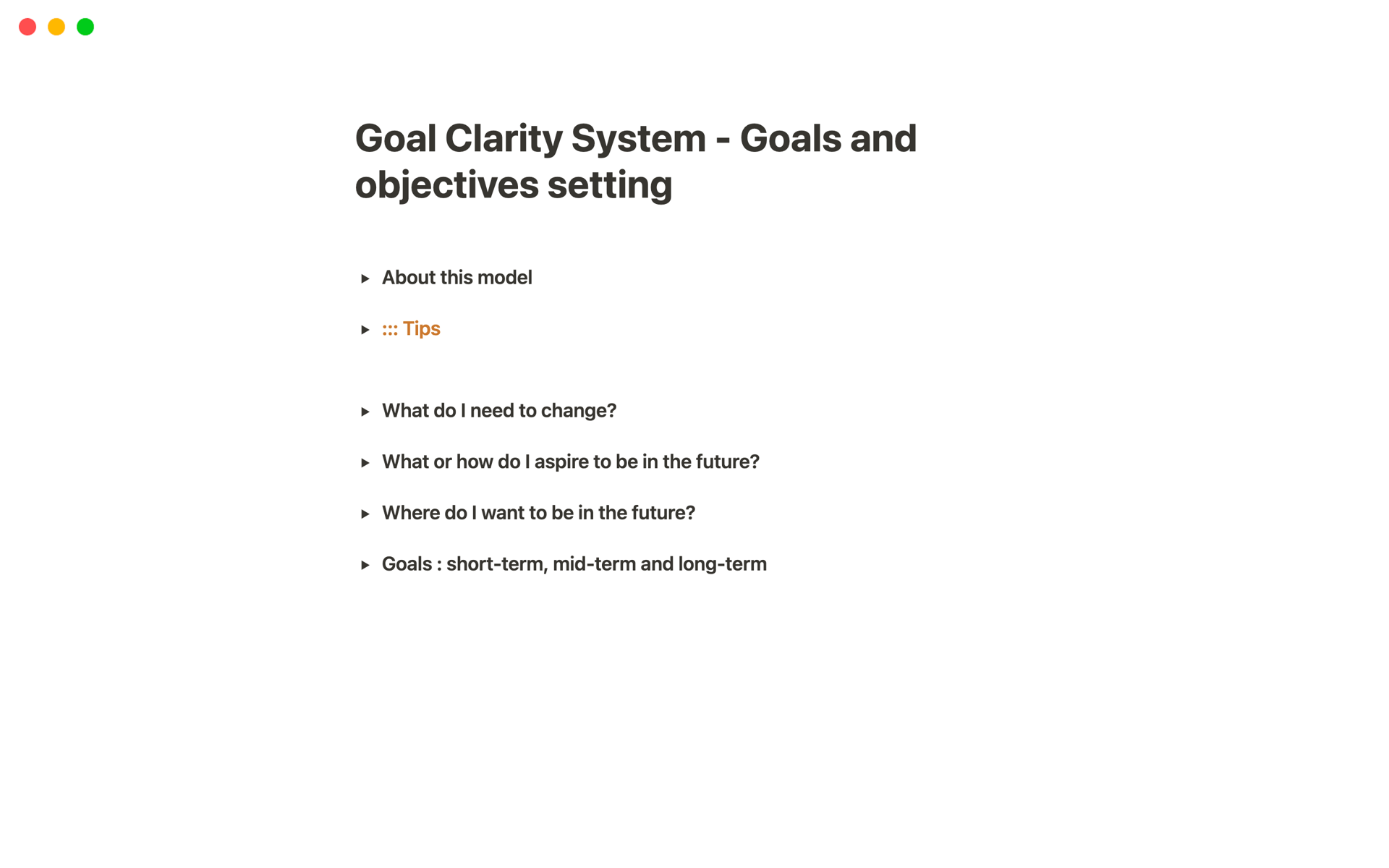 A template preview for Goal Clarity System - Goals and objectives setting