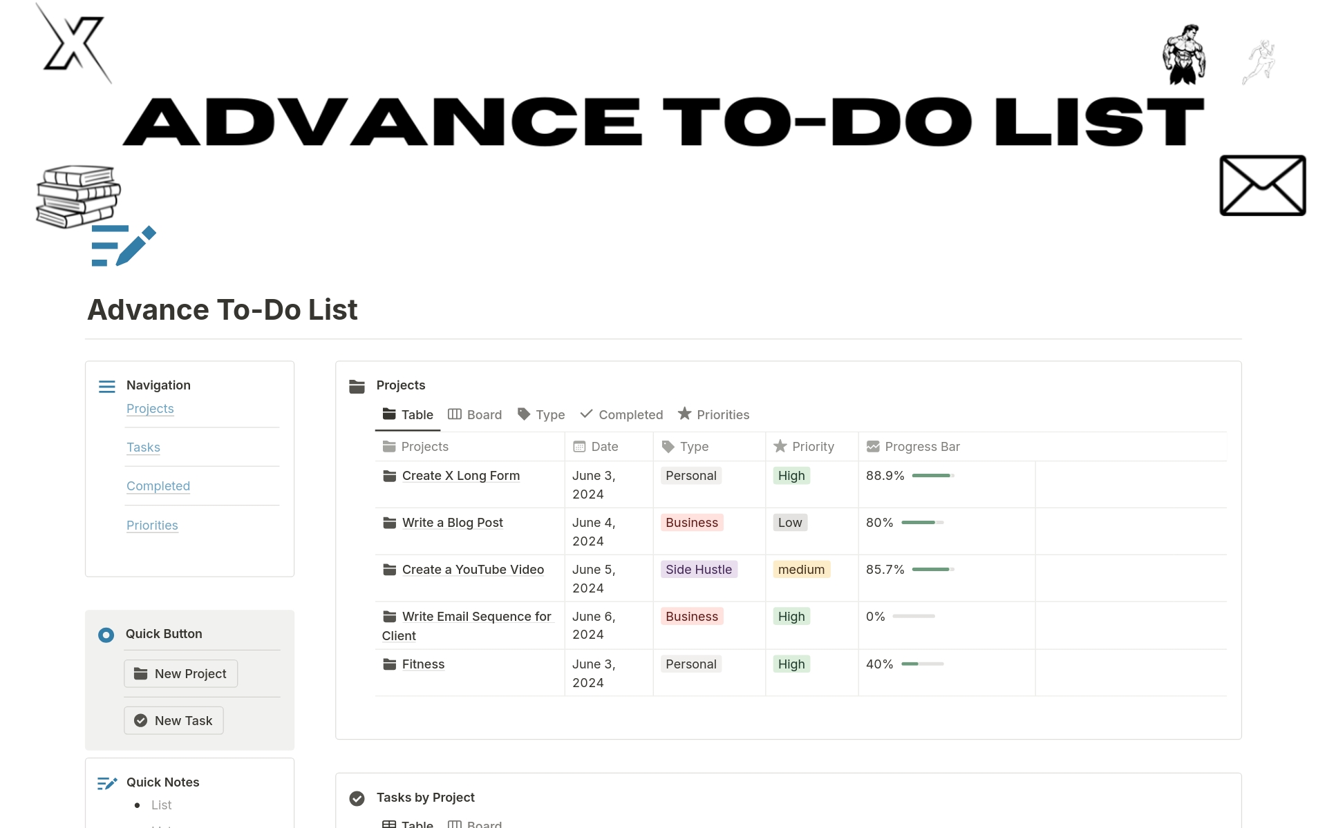 Master Your Tasks, Simplify Your Day, and Achieve More.

Say hello to your ultimate productivity partner: Advance To-Do List ✅

Designed to streamline your daily tasks, this Notion To-Do List template is your perfect companion for staying organized and efficient.