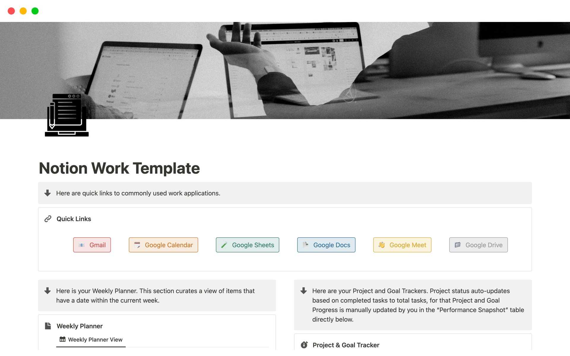 A template preview for Notion Work Template