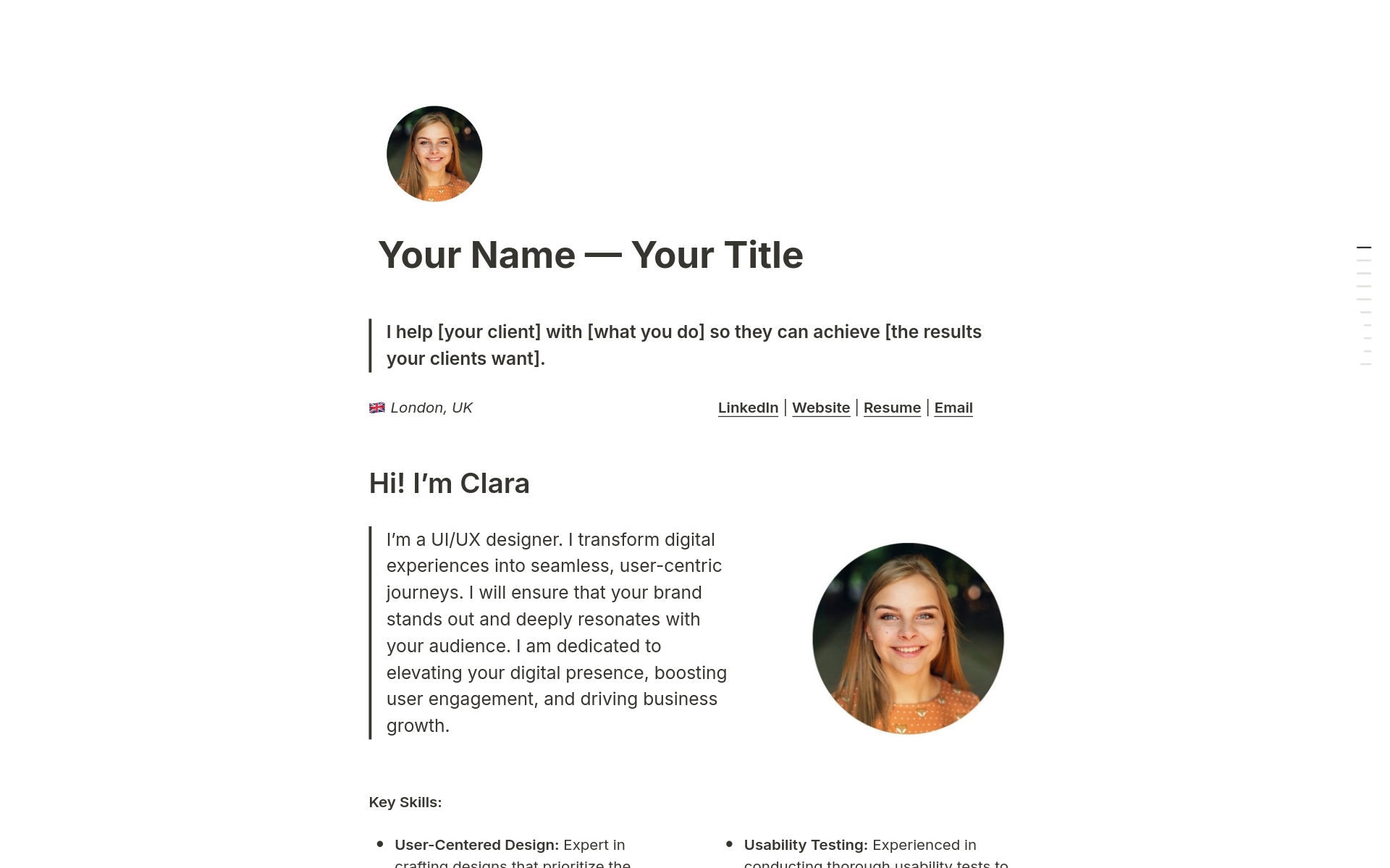 Get new clients easily with this Personal Website & Portfolio Template in Notion. Edit & share your portfolio with prospects and showcase your skills and projects. This bundle has an editable Resume template to link to your portfolio or download as a PDF.