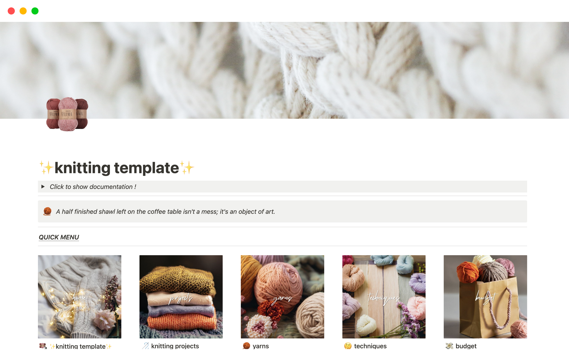 An all-in-one Notion template to help you keep track of your knitting : projects, yarns, budget and techniques !
