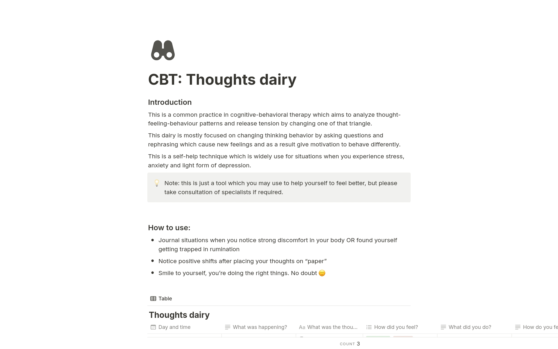 This template represents thought-dairy practice commonly used in cognitive-behavioral therapy (CBT) which I find useful to overcome tough times. 