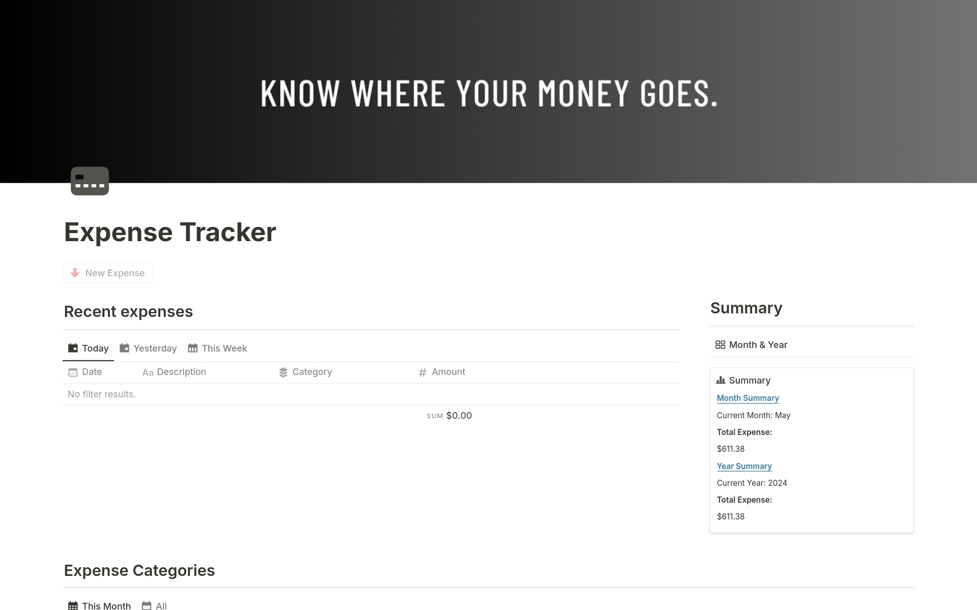 Vista previa de una plantilla para Expense Tracker 