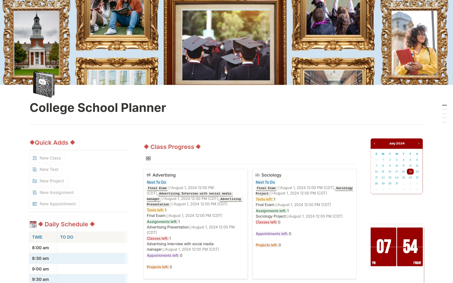 A template preview for College School Planner