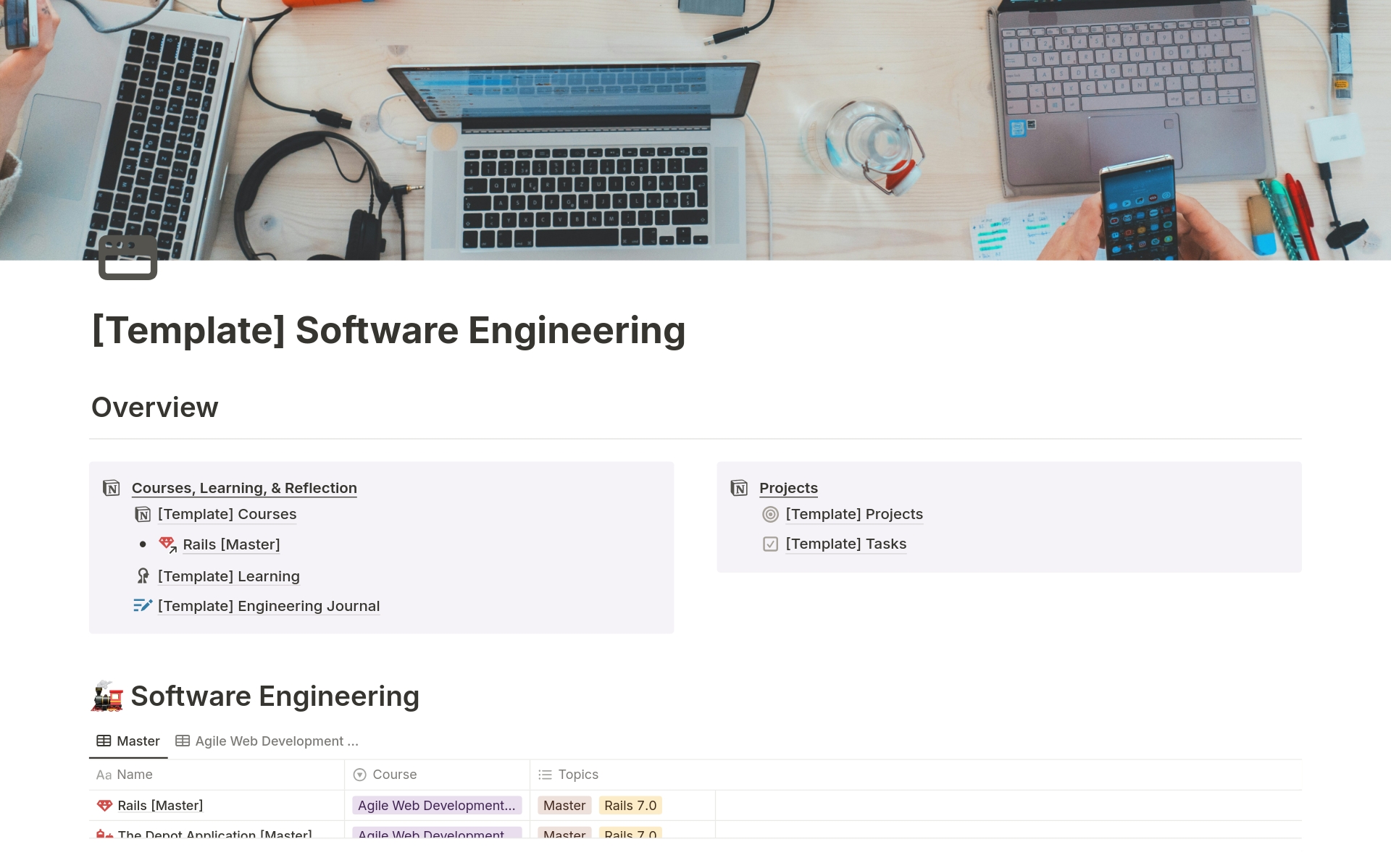 Maximize productivity with the Software Engineer's Notion Template! Organize course notes, compile learnings, track projects, and reflect on progress—all in one place. Ideal for efficiently managing your development journey.