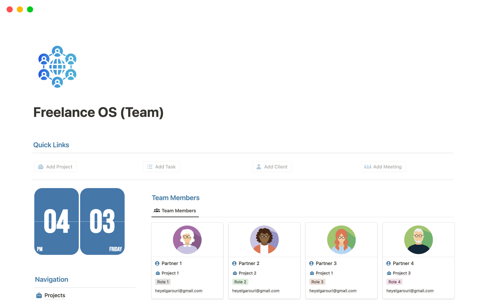 Aperçu du modèle de Freelance OS (Team)