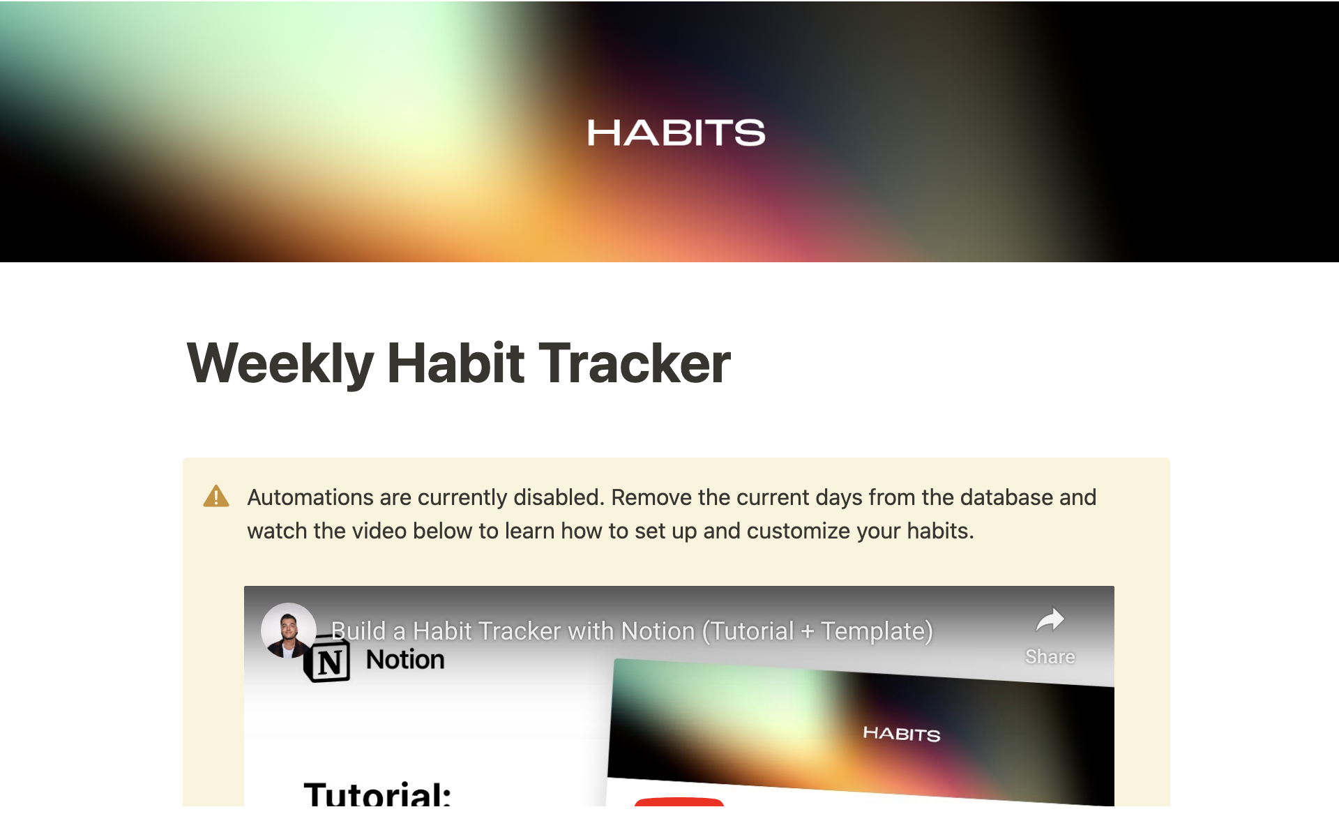 En forhåndsvisning av mal for Weekly Habit Tracker (Automated)