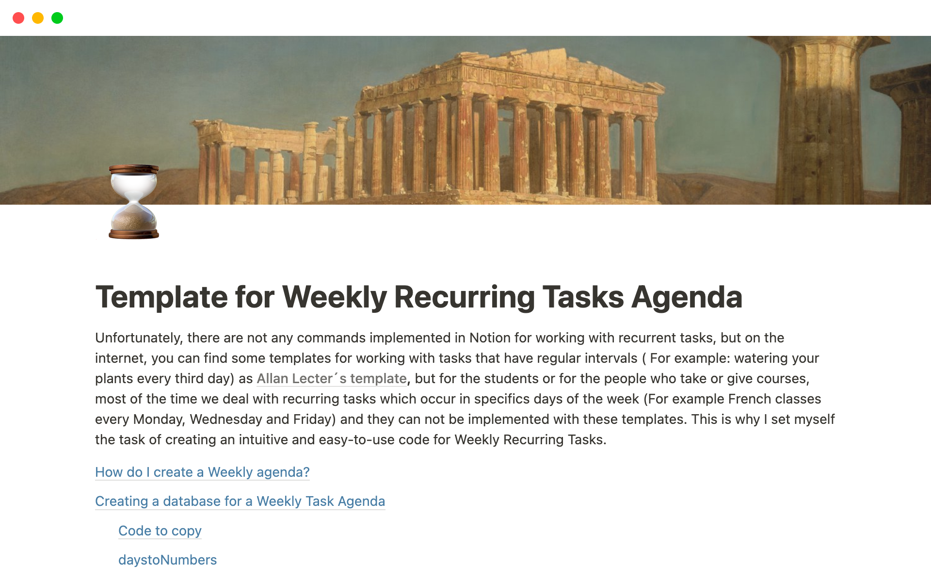 En forhåndsvisning av mal for Weekly Recurring Tasks Agenda