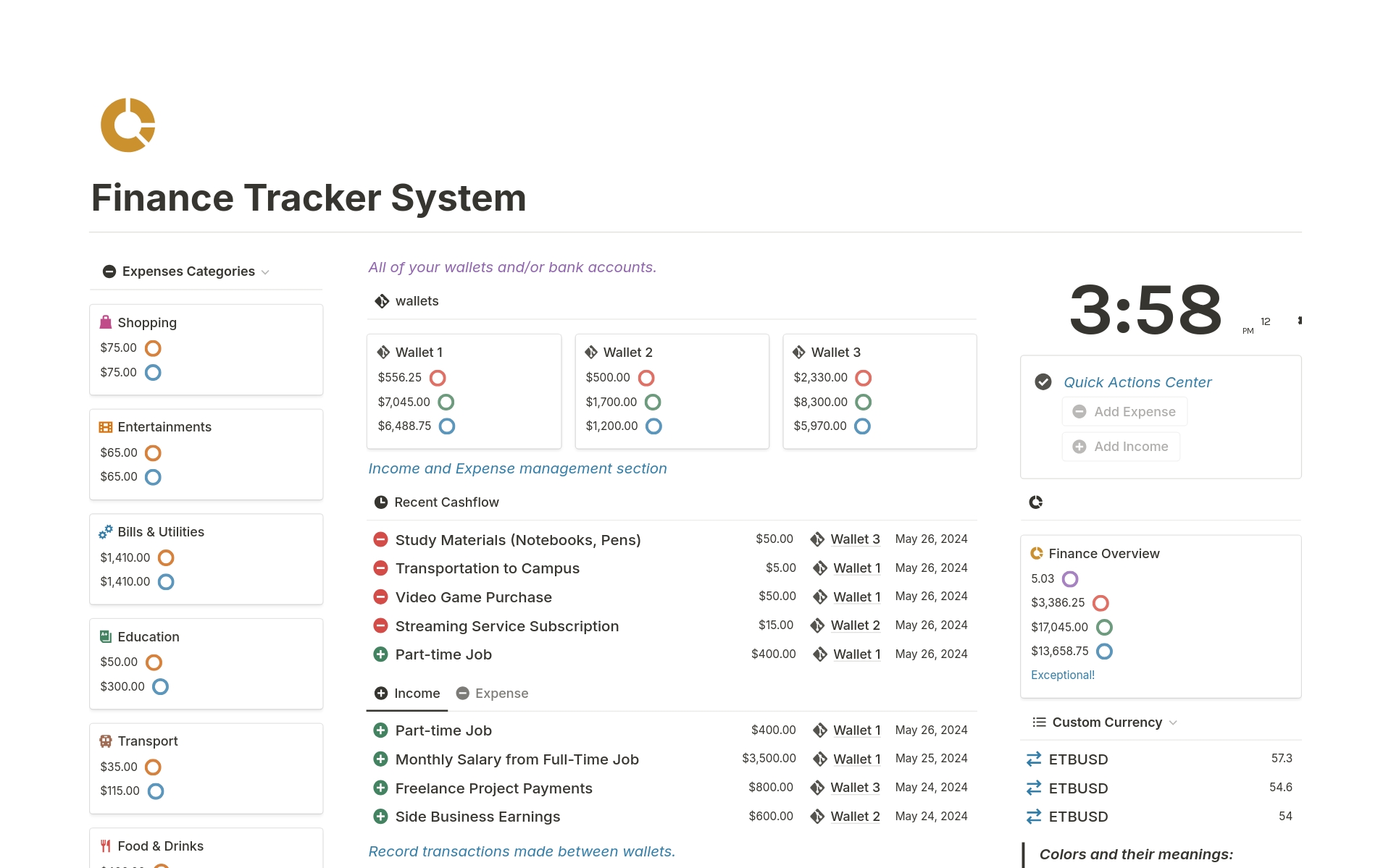 Vista previa de una plantilla para Finance Tracker System