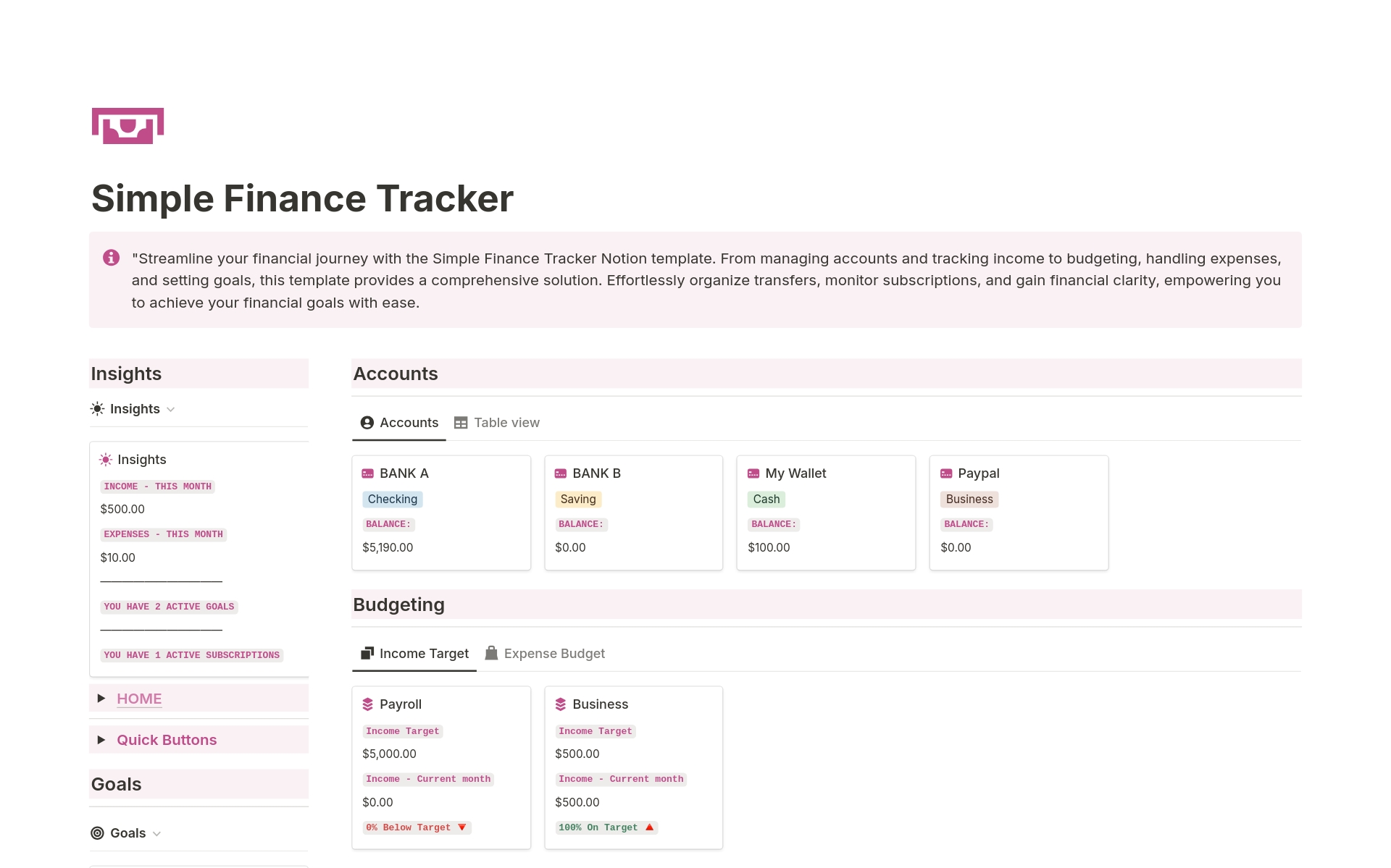 Streamline your financial journey with the Simple Finance Tracker Notion template. From managing accounts and tracking income to budgeting, handling expenses, and setting goals, this template provides a comprehensive solution. 