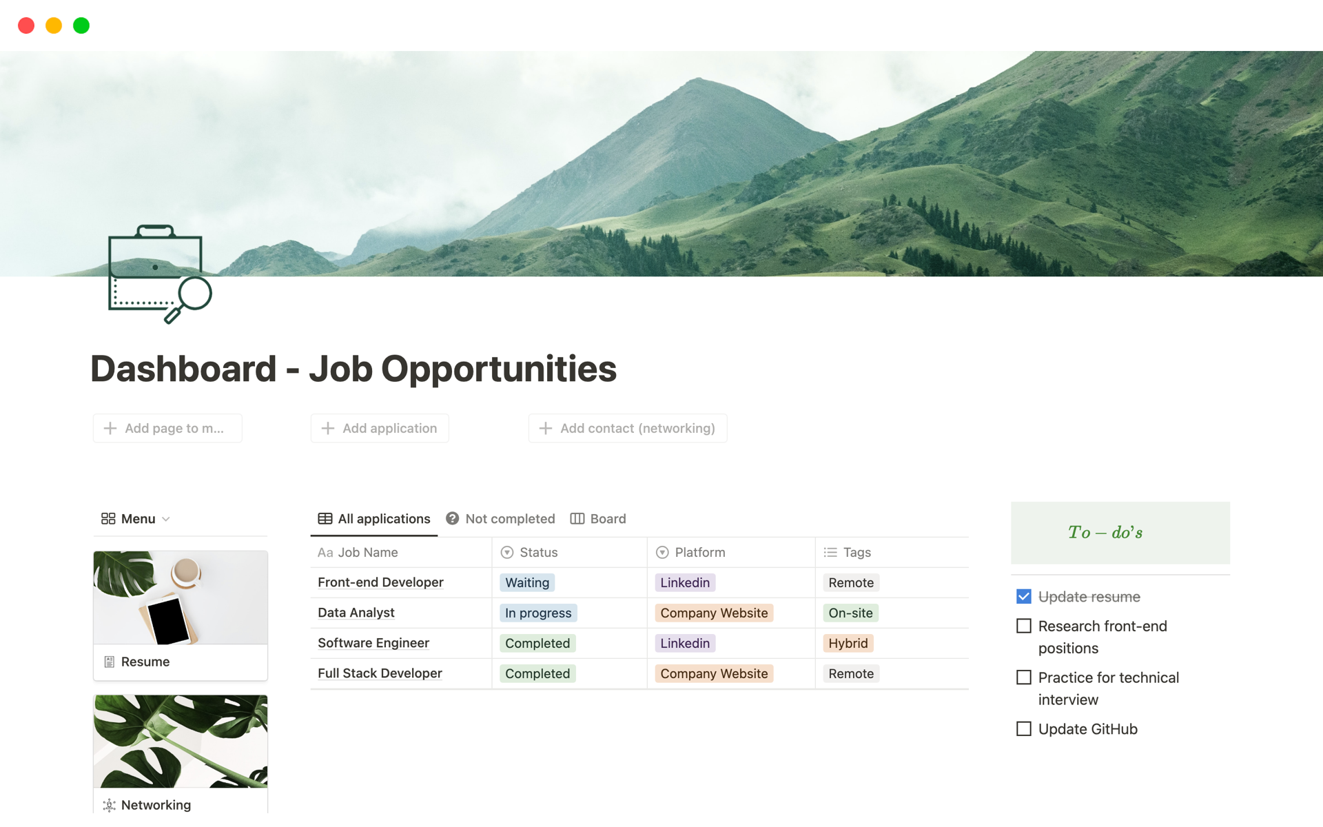 The Professional Organization Dashboard template streamlines job applications, resumes, and networking. Centralize your job hunt, showcase your skills seamlessly, and expand your professional network effortlessly.