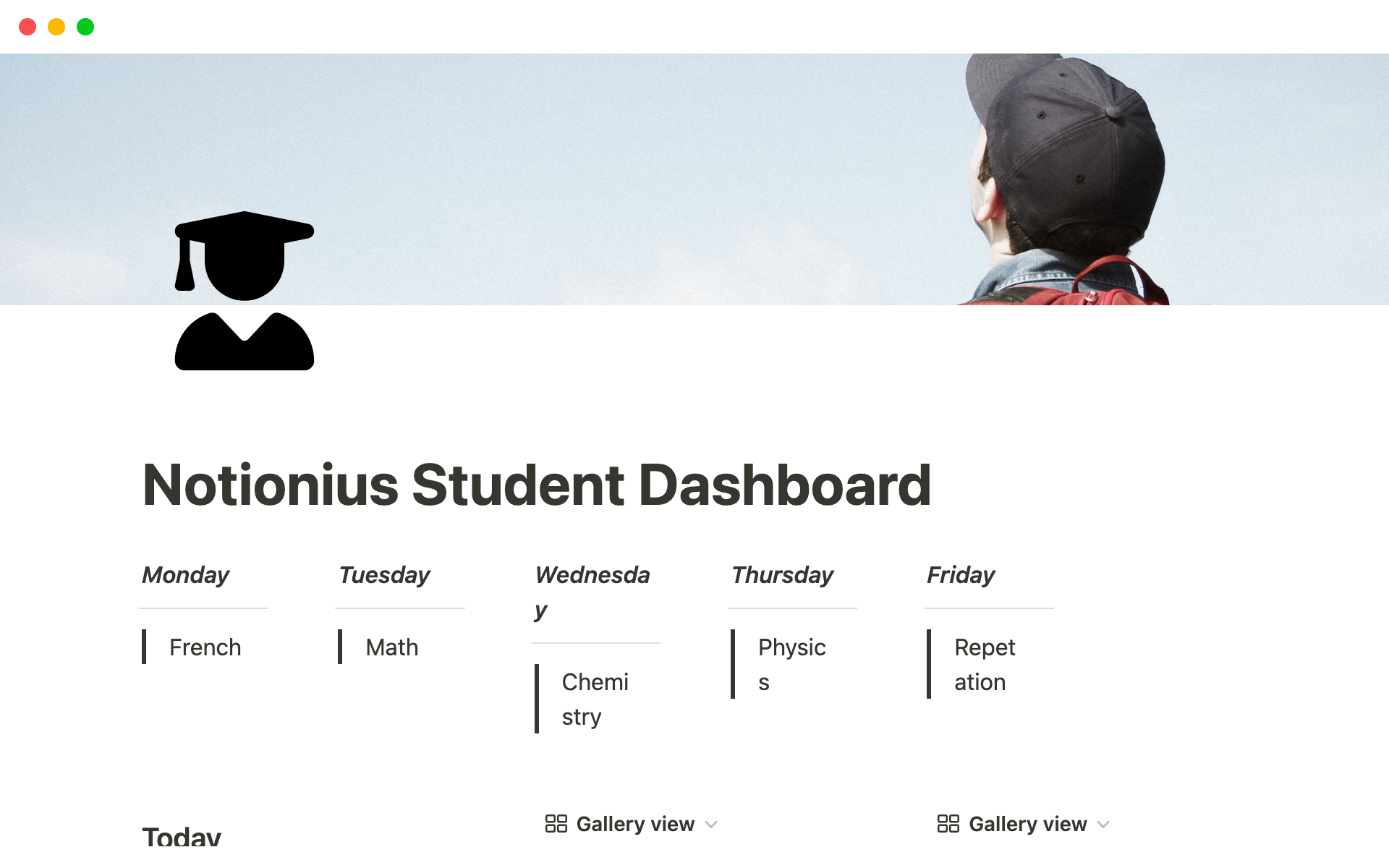 Vista previa de una plantilla para Notionius Student Dashboard