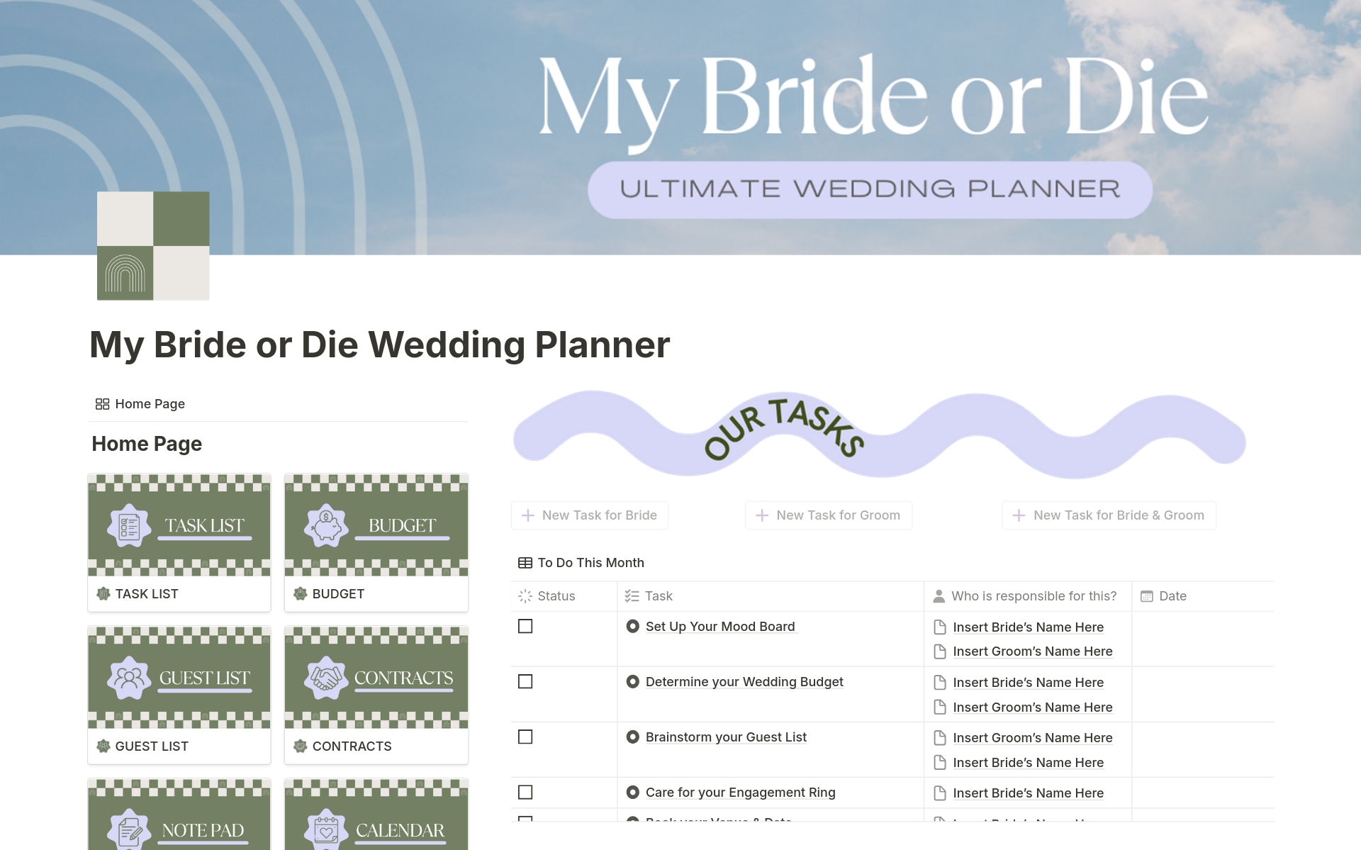 En forhåndsvisning av mal for My Bride or Die Wedding Planner