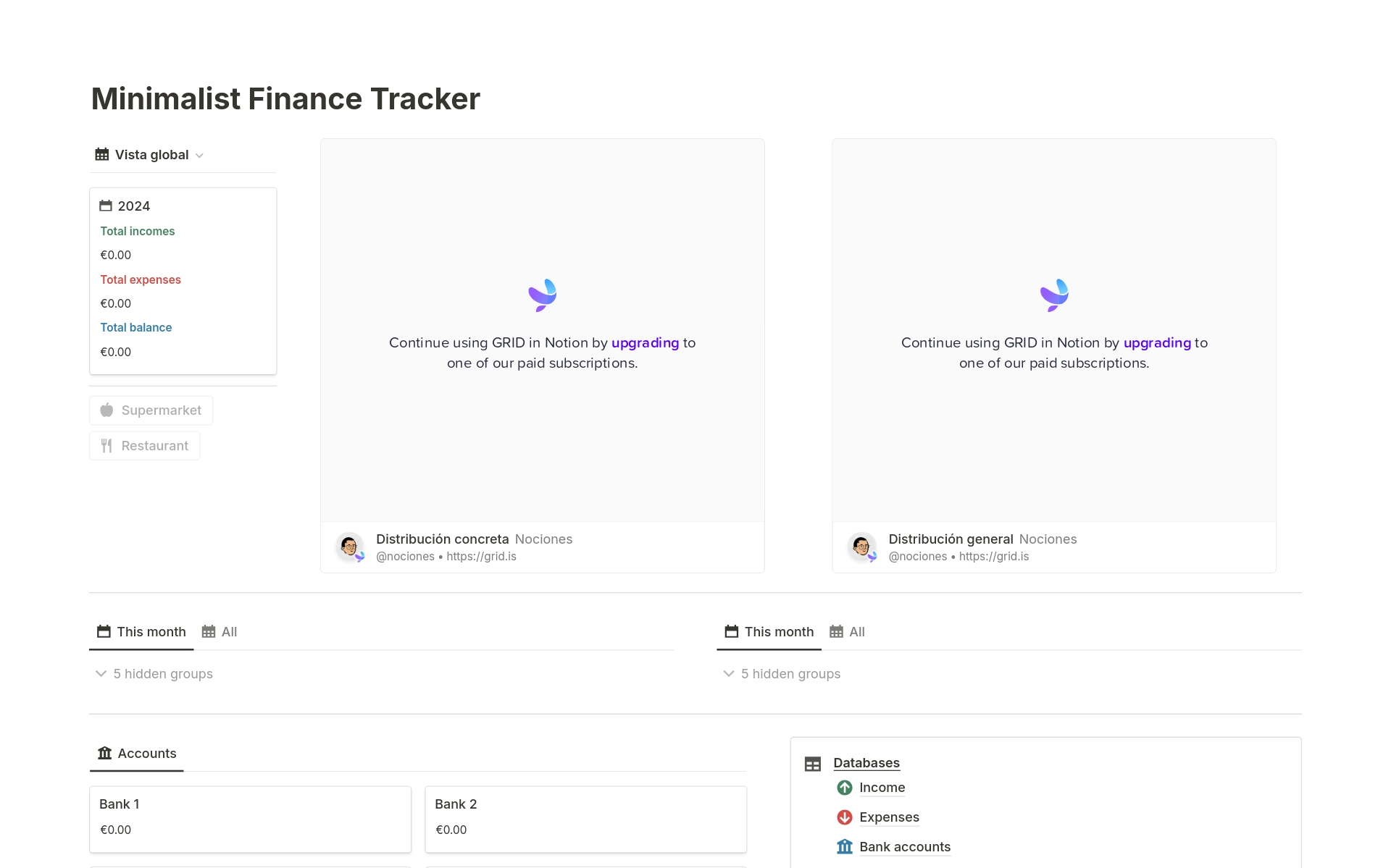 Vista previa de una plantilla para Minimalist Finance Tracker