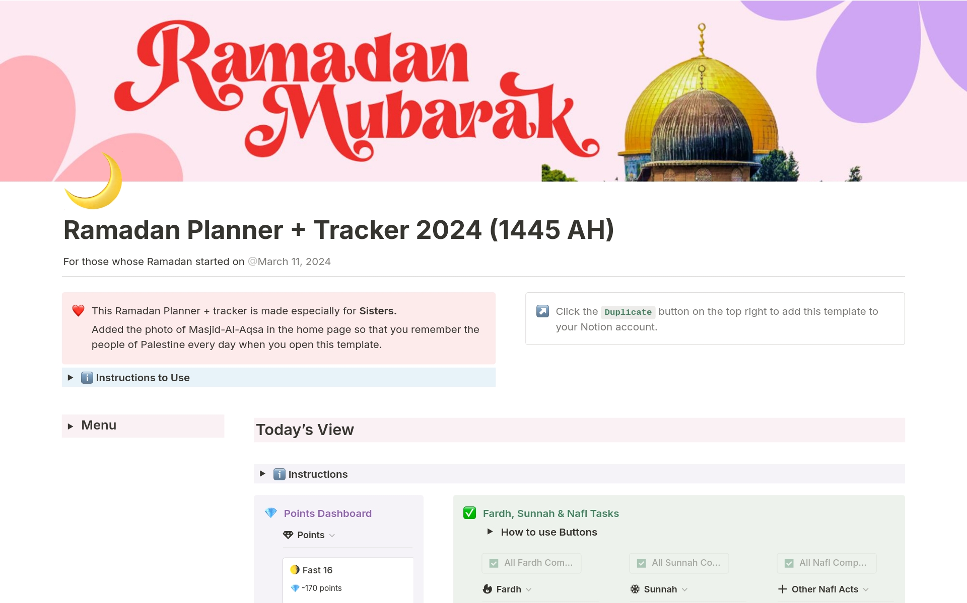 Vista previa de una plantilla para Ramadan Planner + Tracker (Sisters Edition)