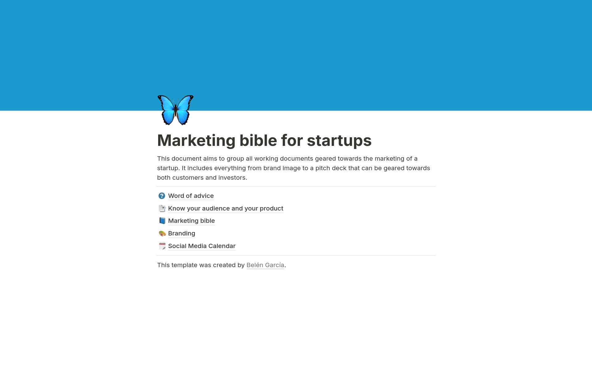 En forhåndsvisning av mal for Marketing bible for startups