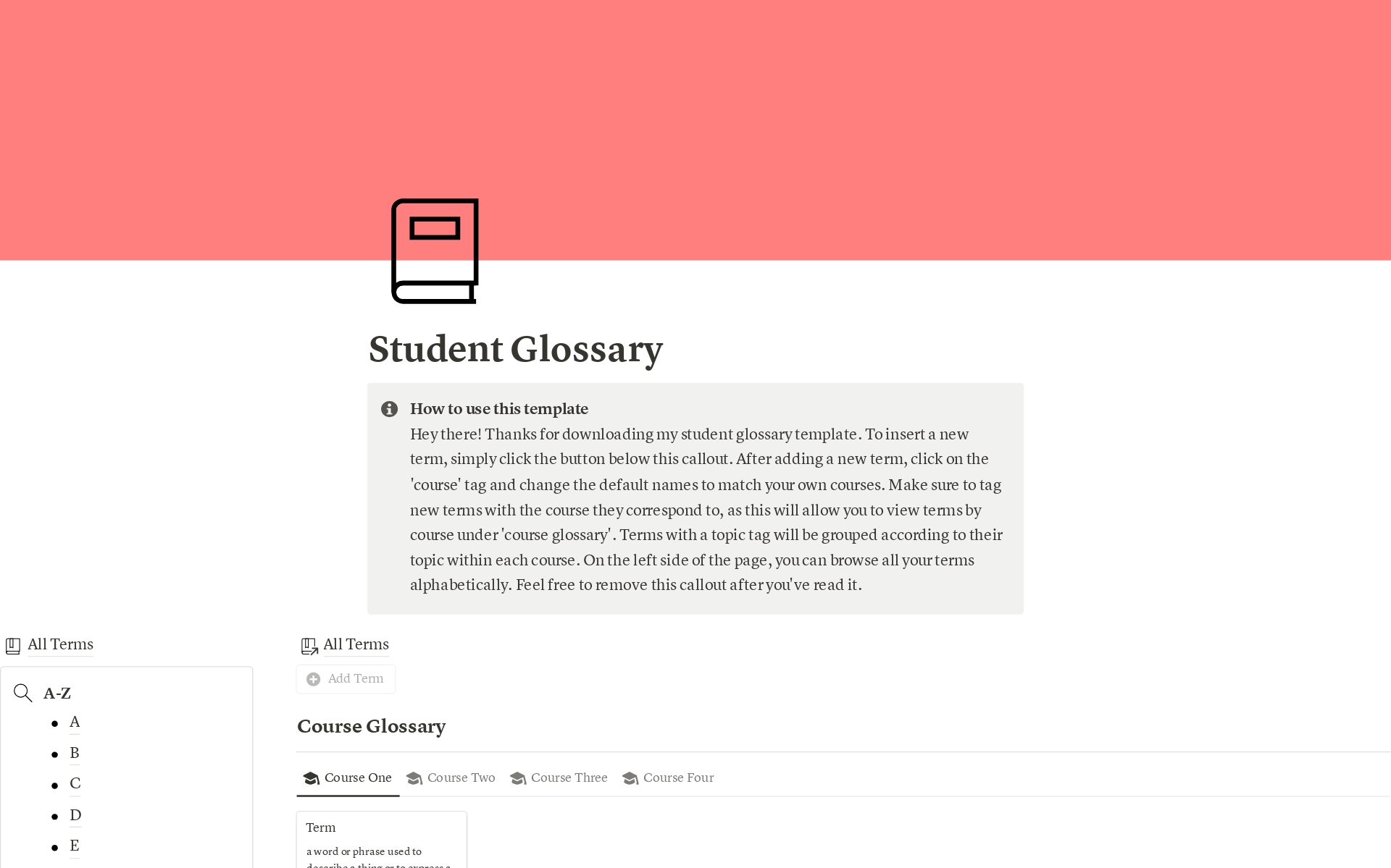 A template preview for Student Glossary