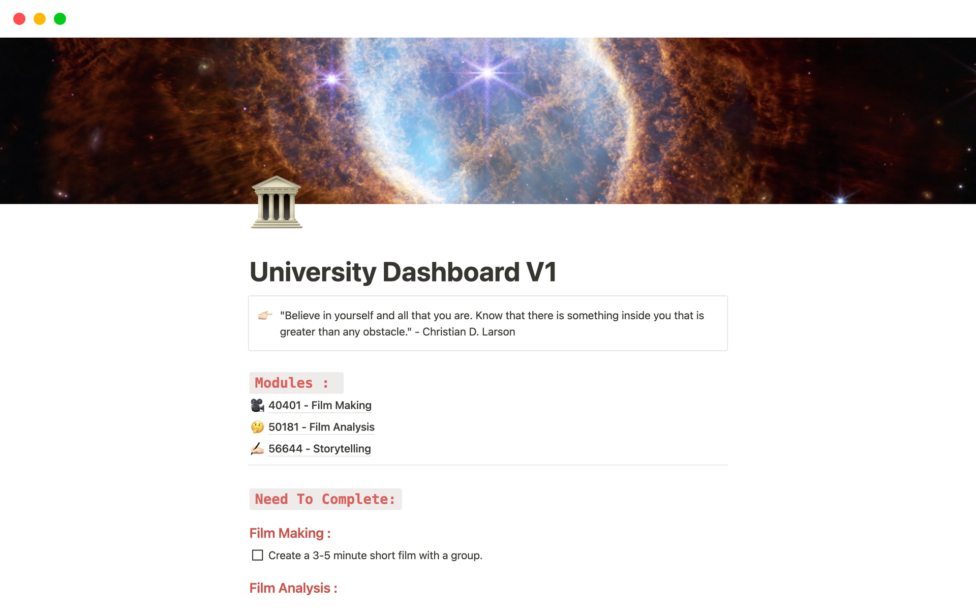 En förhandsgranskning av mallen för University Dashboard V1