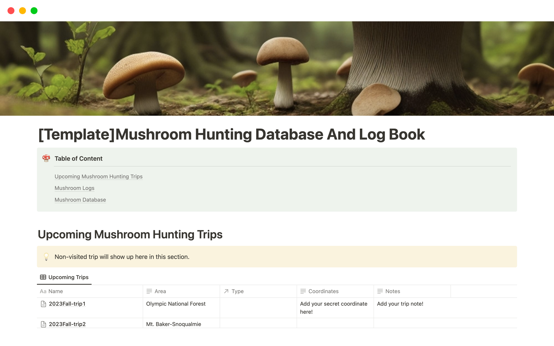 En förhandsgranskning av mallen för Mushroom Hunting Database And Log Book