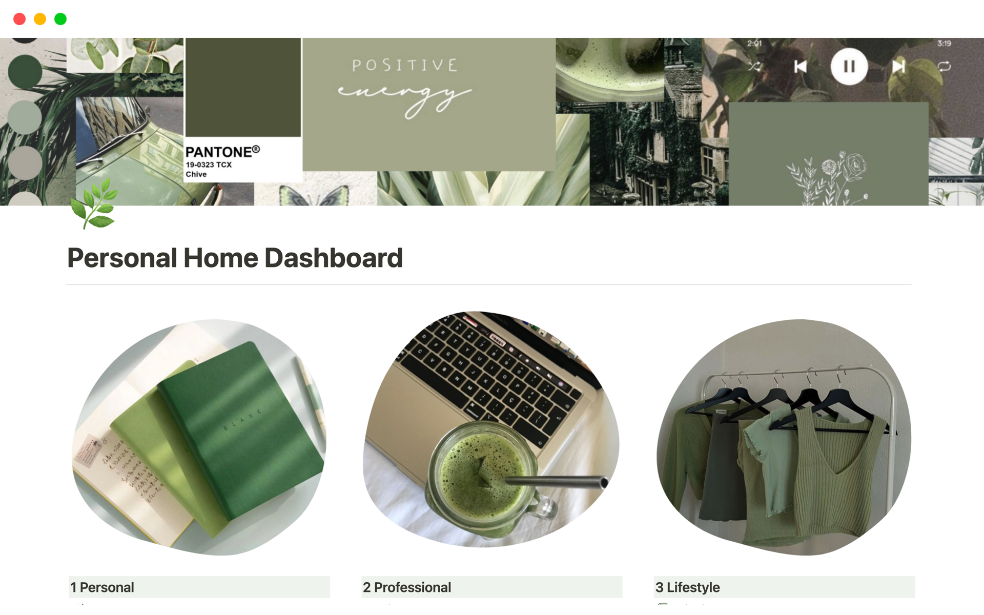 En forhåndsvisning av mal for Personal Home Dashboard Green