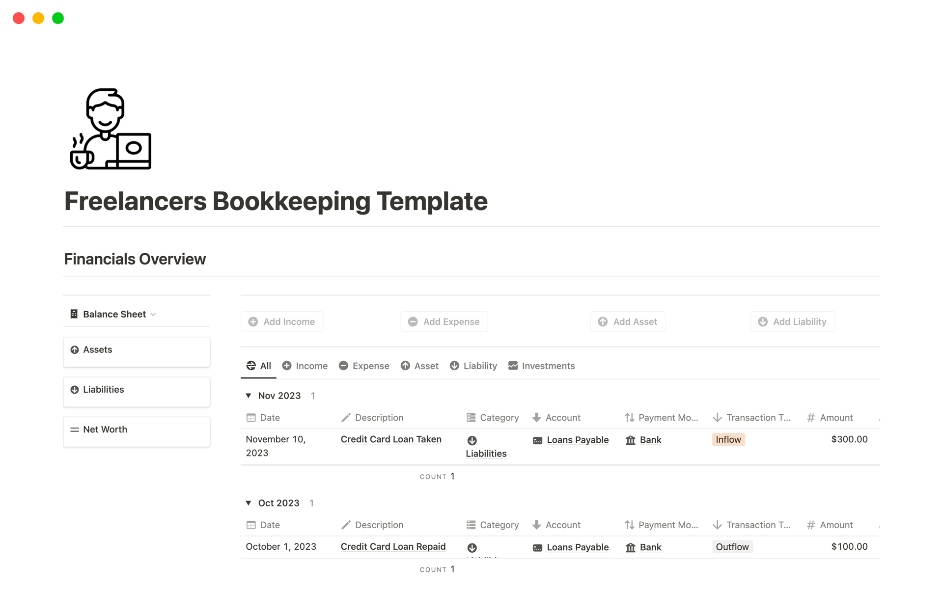 This bookkeeping template provides best solution for freelancers to manage their business finances, produce income statement, balance sheet, cash flow statement and much more on a periodical basis.