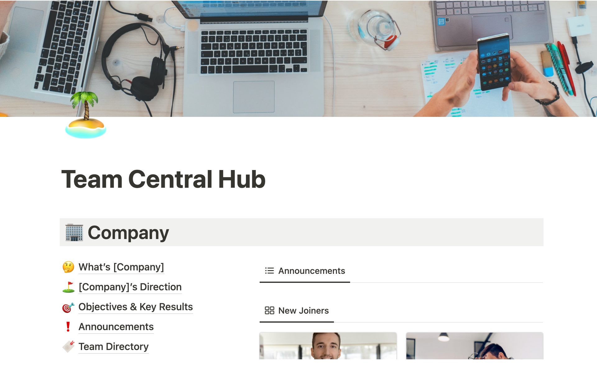En förhandsgranskning av mallen för Team Central Hub