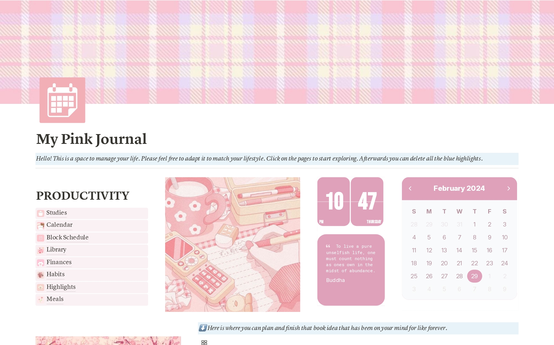 Eine Vorlagenvorschau für My Pink Journal  —  Organize your cozy life