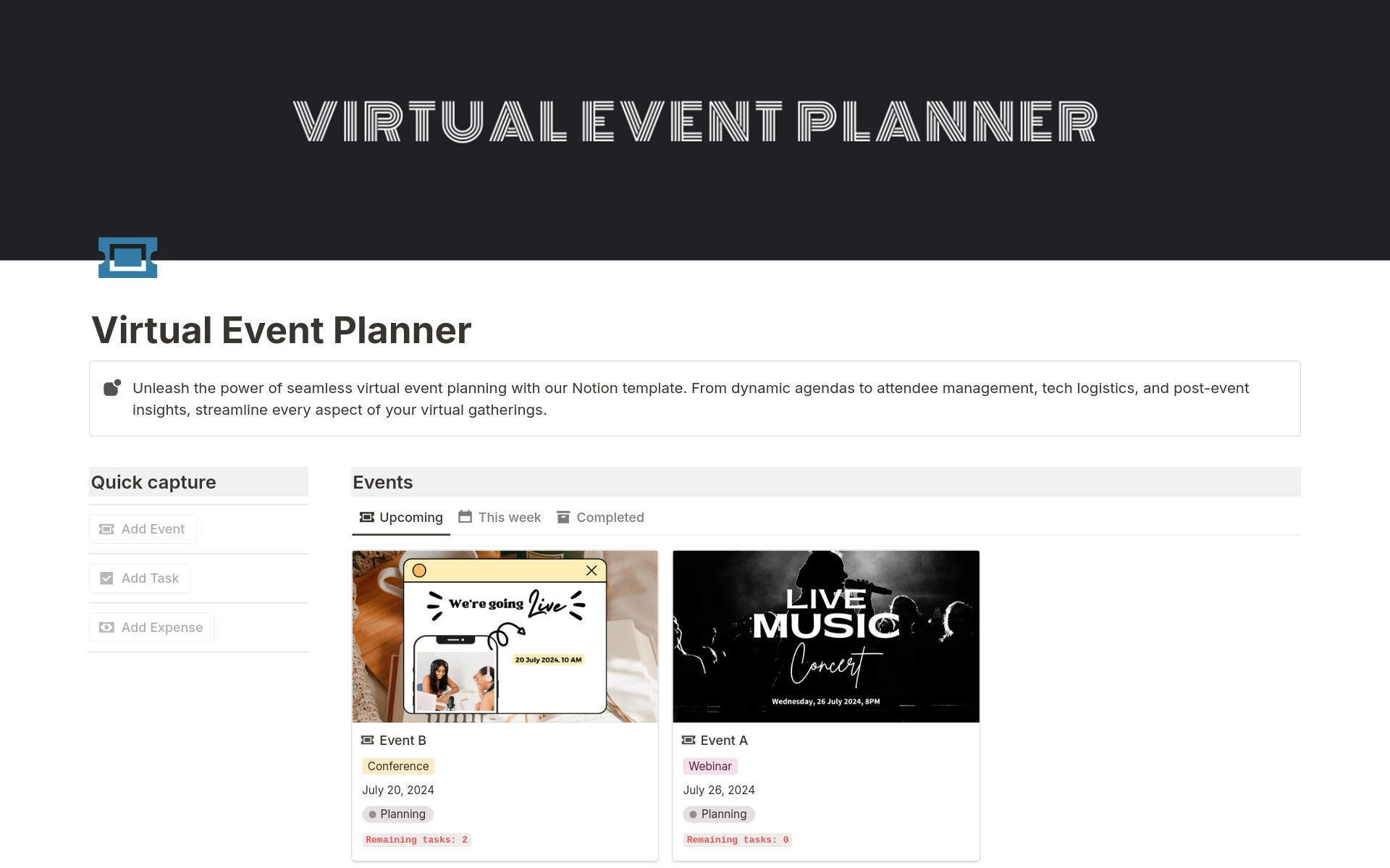 Unleash the power of seamless virtual event planning with our Notion template. From dynamic agendas to attendee management, tech logistics, and post-event insights, streamline every aspect of your virtual gatherings.