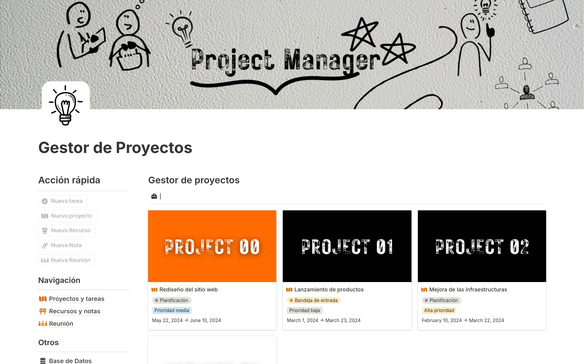 En förhandsgranskning av mallen för Gestor de Proyectos 